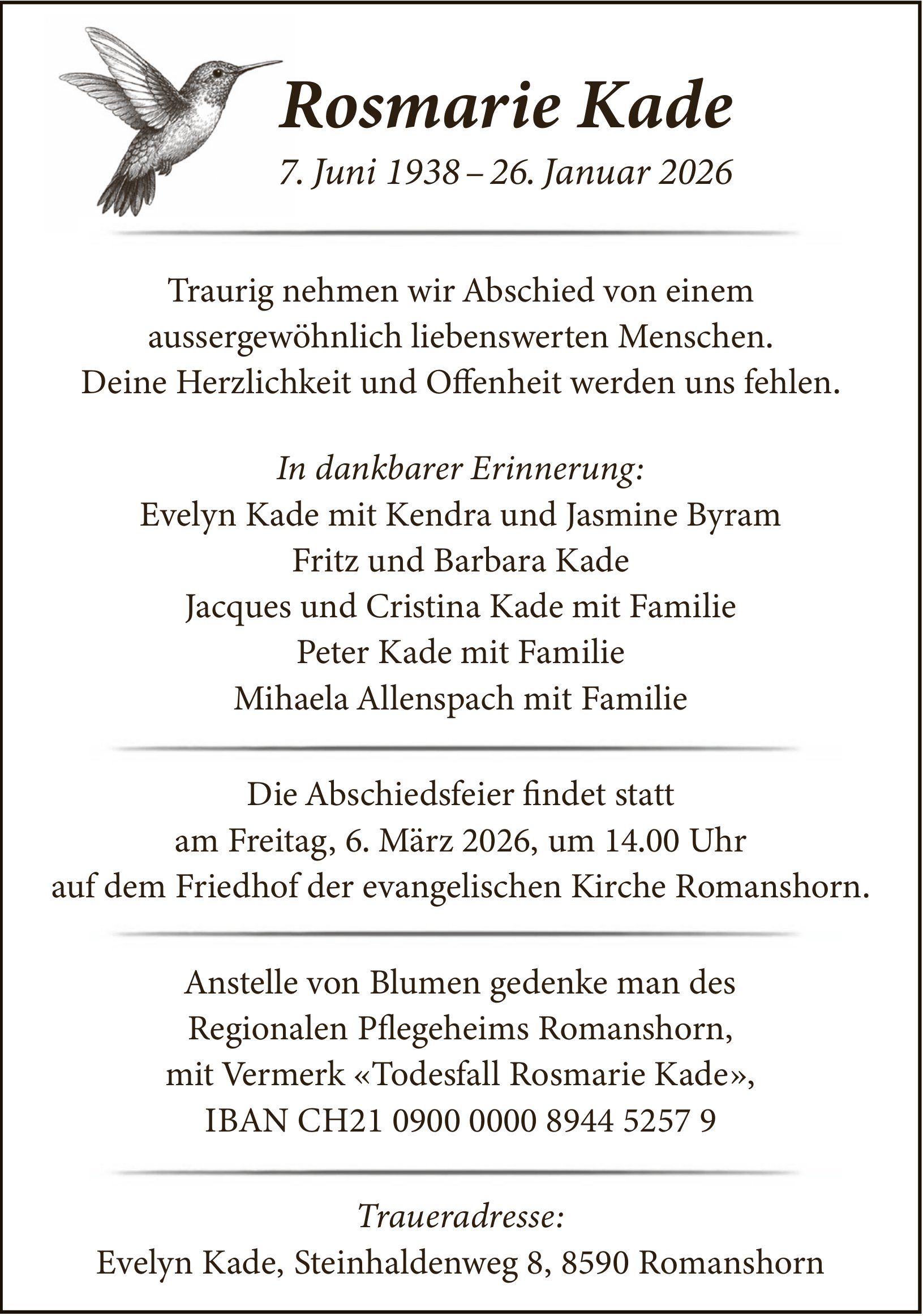 Kade Rosmarie, Januar 2026 / TA