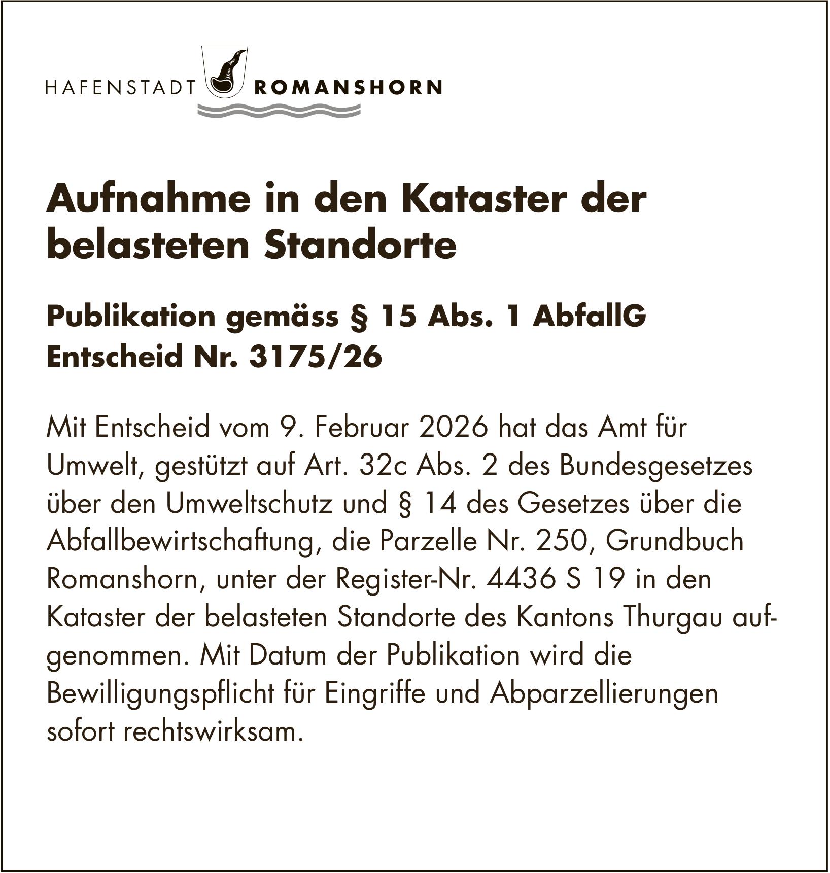 Sonstiges, Hafenstadt Romanshorn, Aufnahme in den Kataster der belasteten Standorte