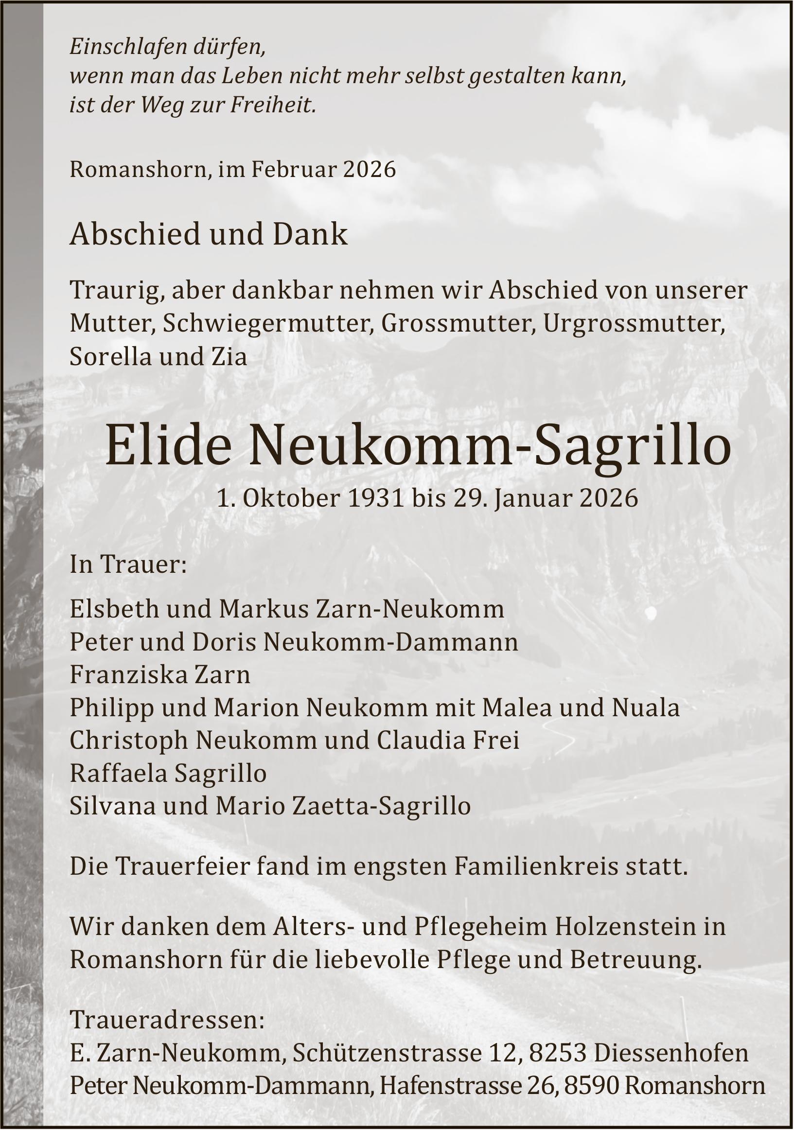 Neukomm-Sagrillo Elide, im Februar 2026 / TA + DS