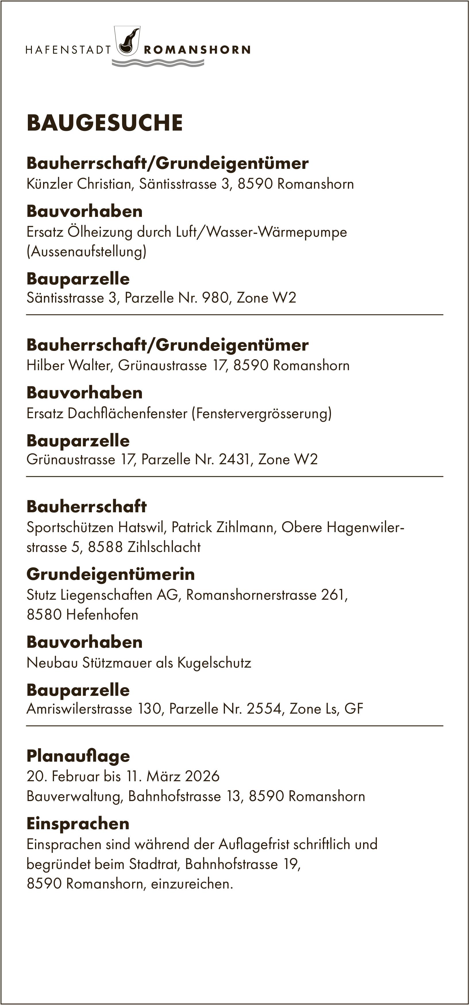 BAUGESUCHE vom 20. Februar bis 11. März 2026, Hafenstadt Romanshorn