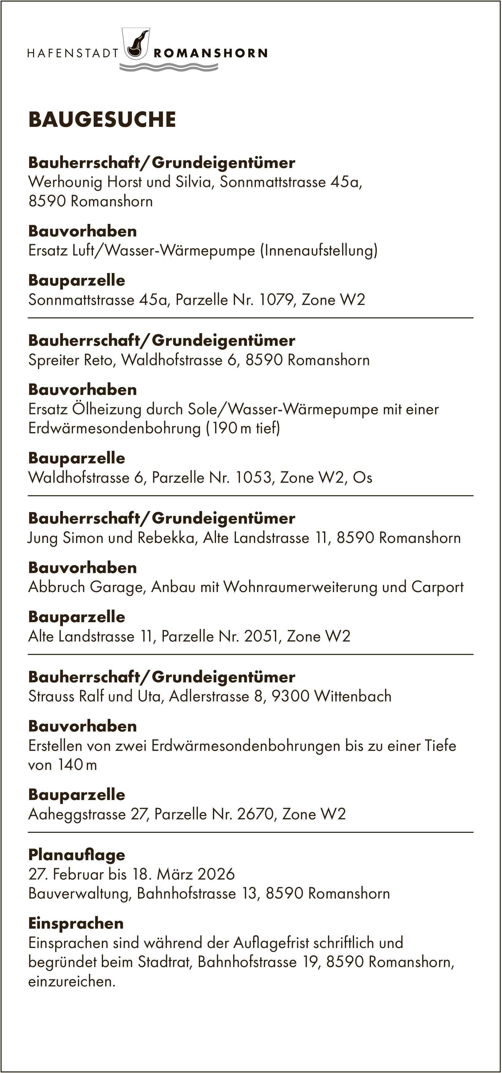 Baugesuche, Hafenstadt Romanshorn, Bauherrschaft/Grundeigentümer