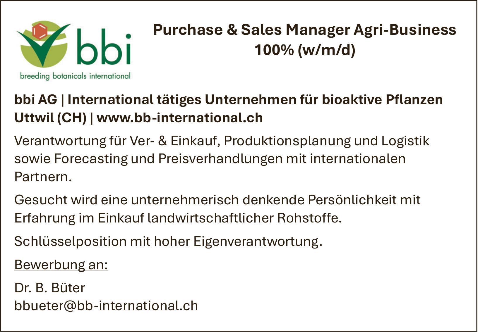 Bbi AG, Uttwil - Purchase&Sales Manager Agri-Business 100% (w/m/d)