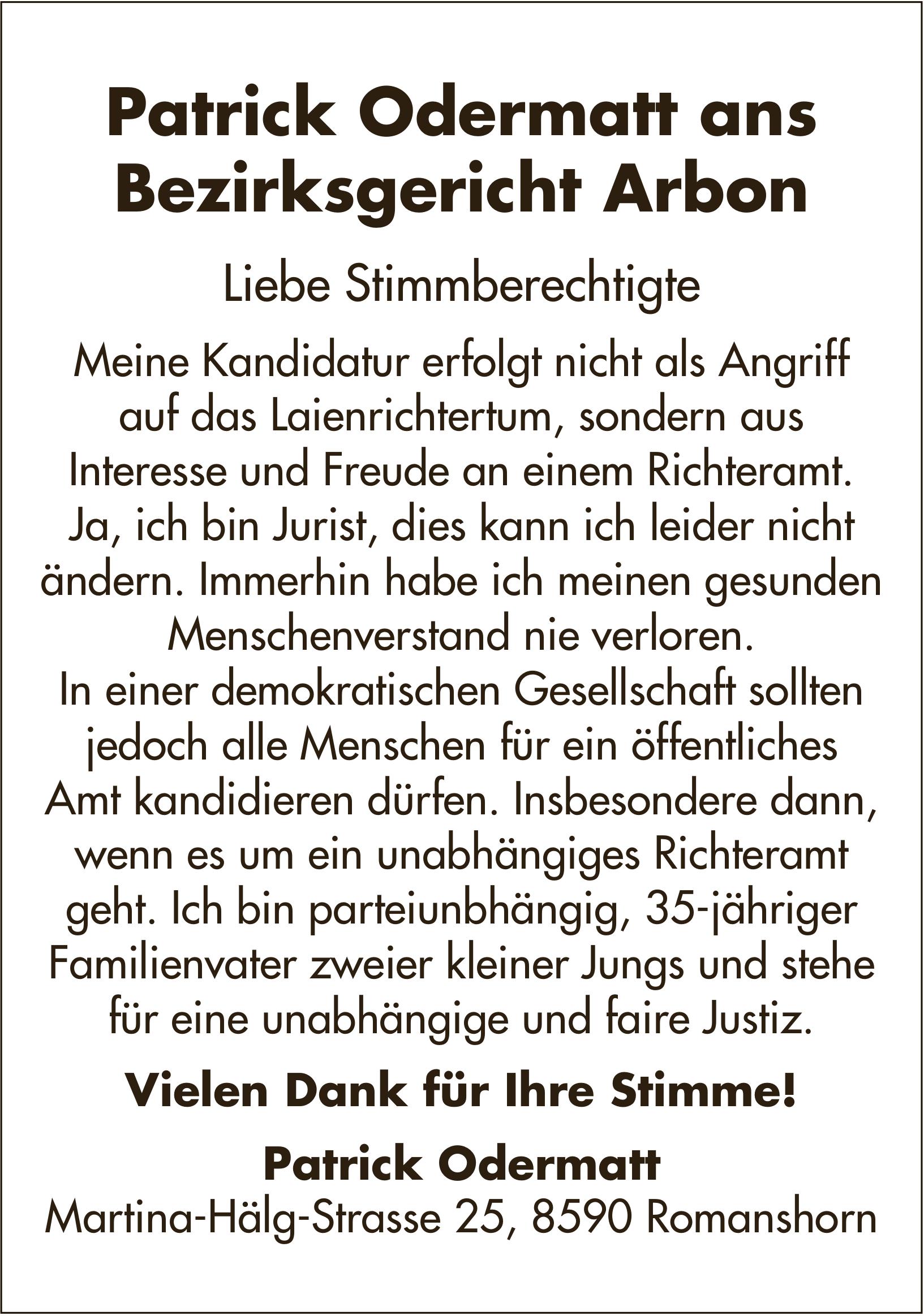 Patrick Odermatt, Romanshorn - Patrick Odermatt ans Bezirksgericht Arbon