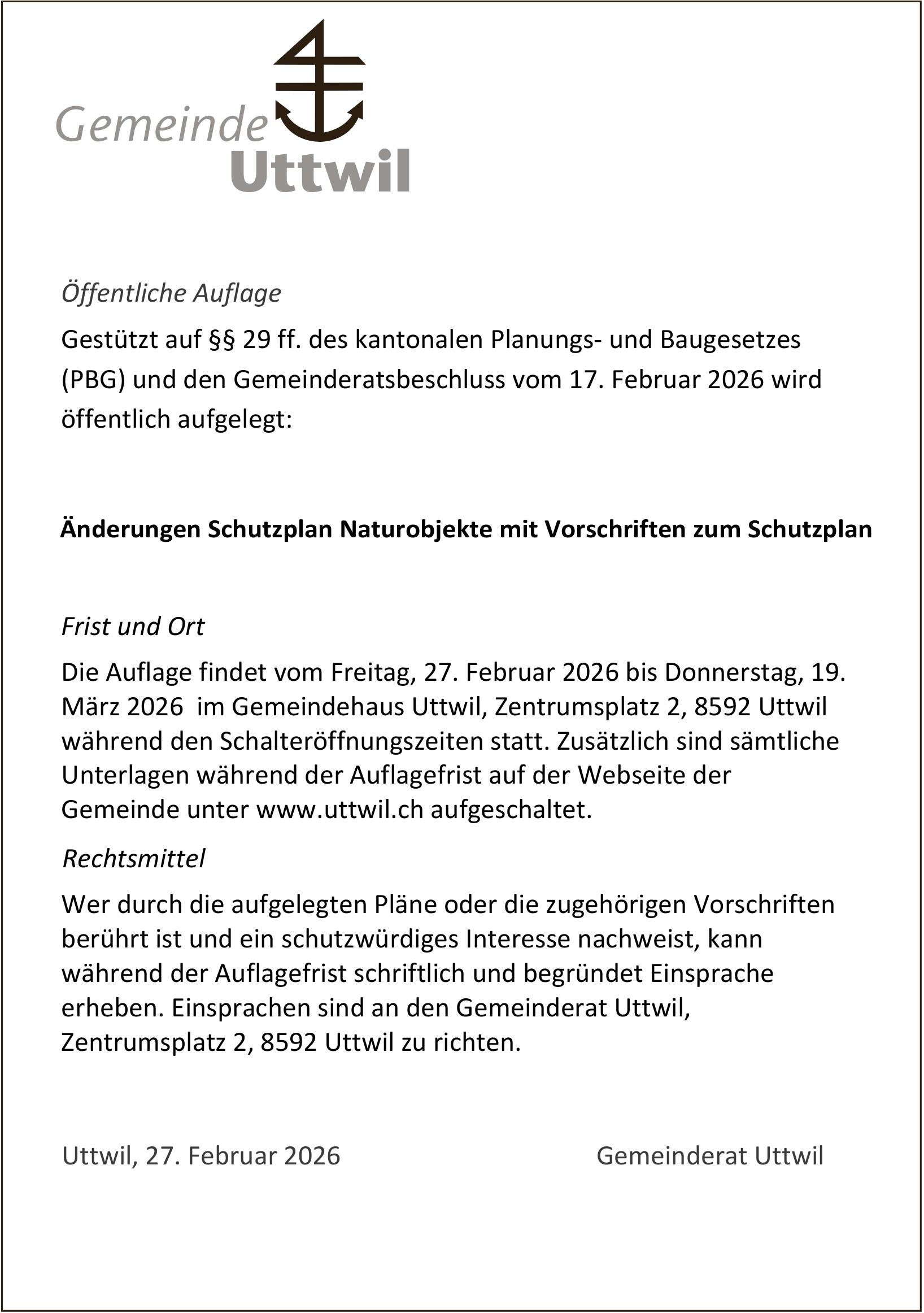 Sonstiges, Gemeinde Uttwil, Änderungen Schutzplan Naturobjekte mit Vorschriften zum Schutzplan