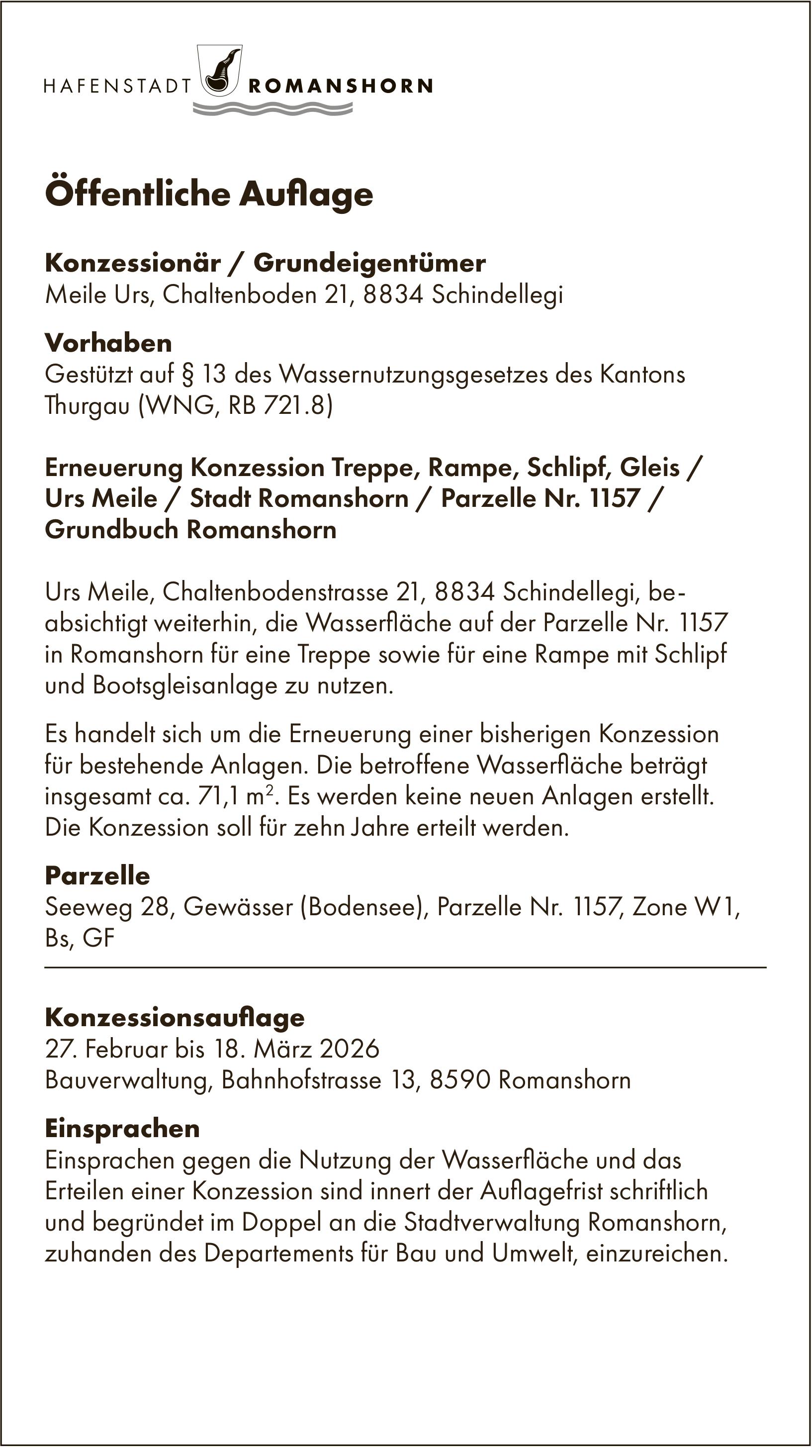 Sonstiges, Schindellegi - Hafenstadt Romanshorn, Öffentliche Auflage