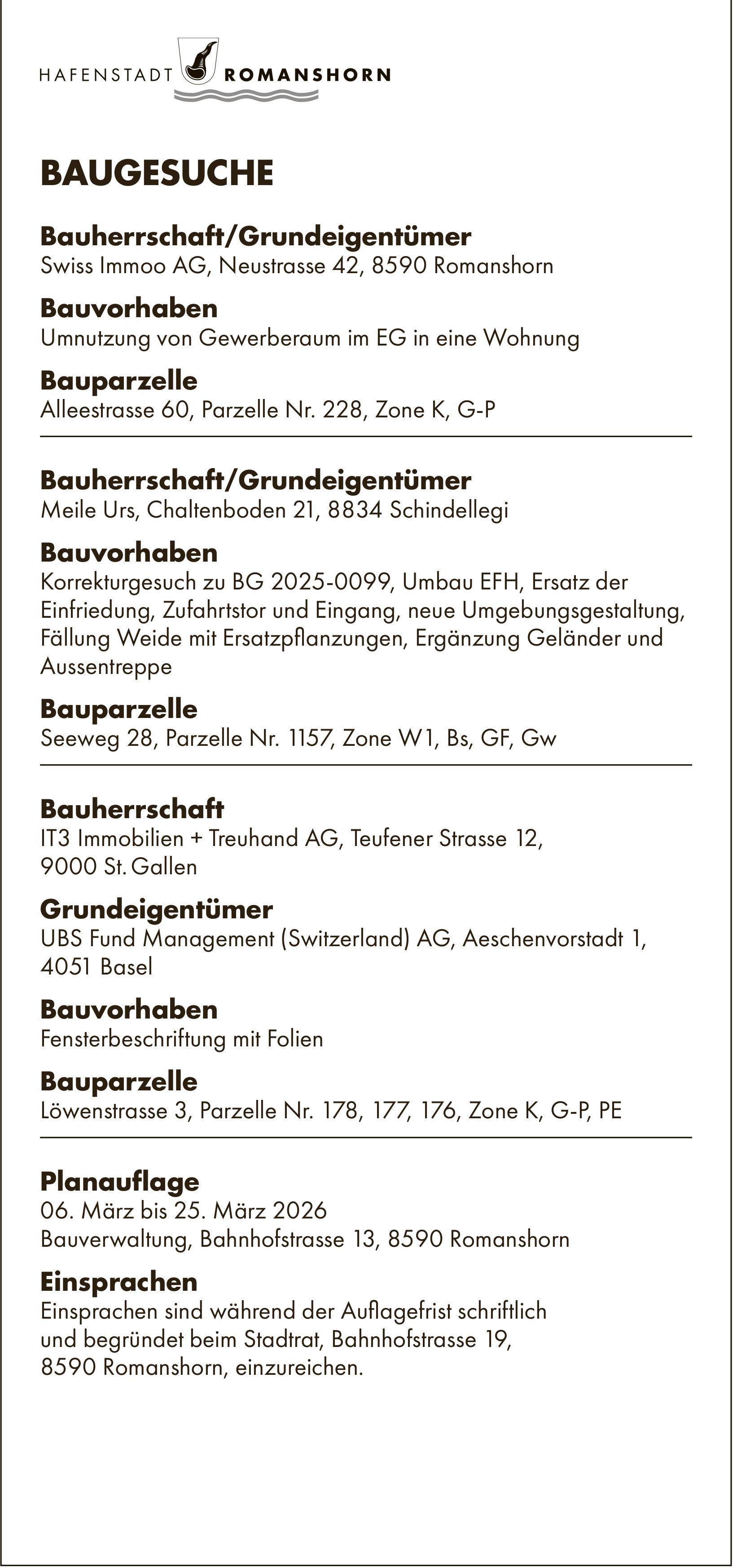 Baugesuche von 06. März bis 25. März, Hafenstadt Romanshorn