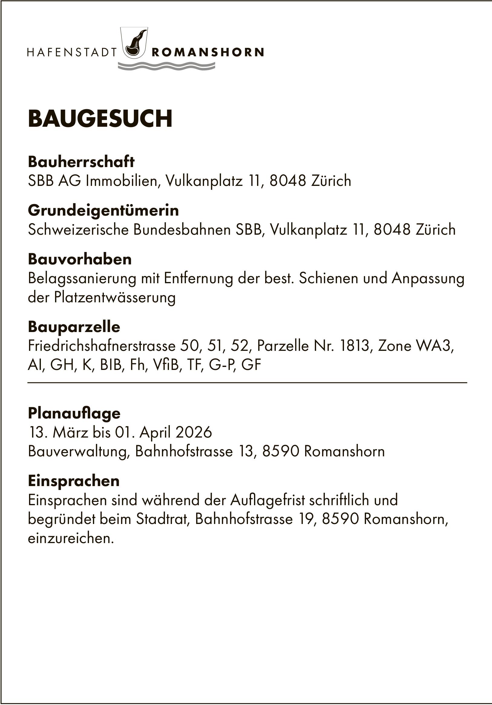 Baugesuche, 13. März bis 1. April 2026, Hafenstadt Romanshorn, Bauherrschaft