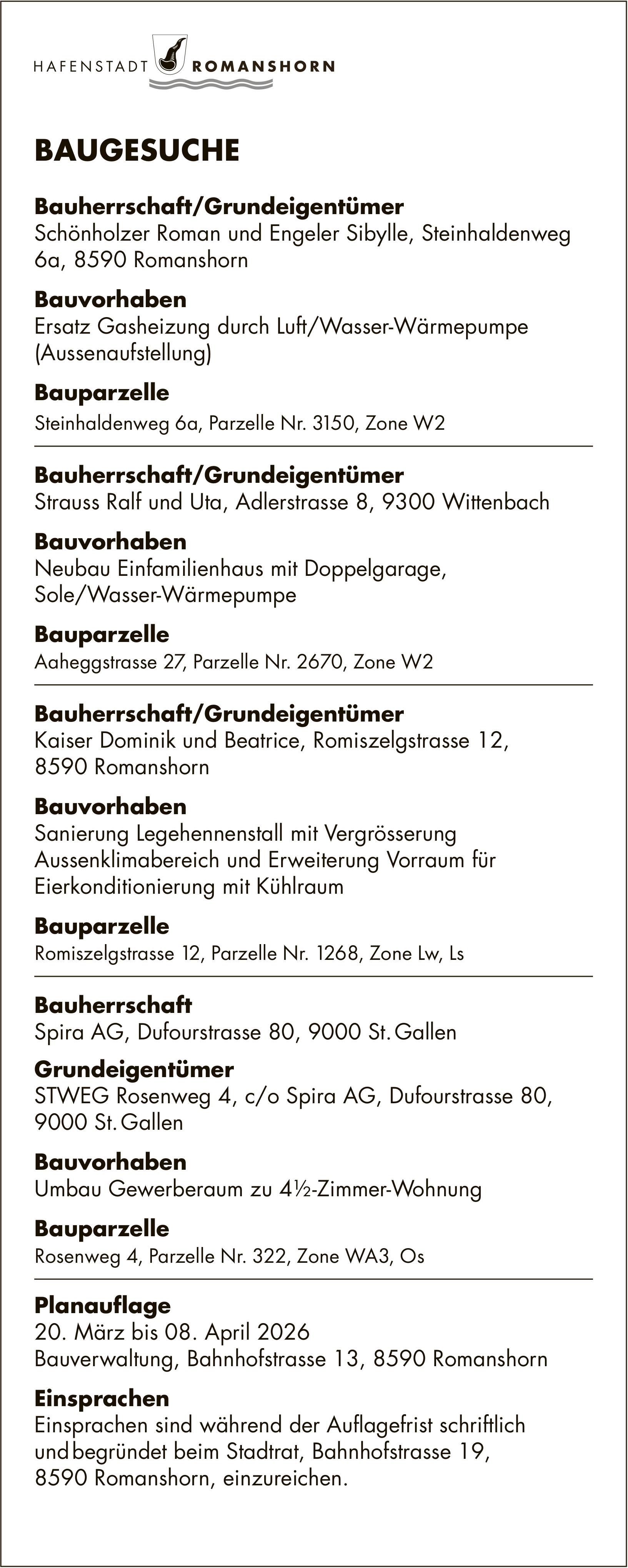 Baugesuche, 20. März bis 8. April 2026, Hafenstadt Romanshorn, BAUGESUCHE