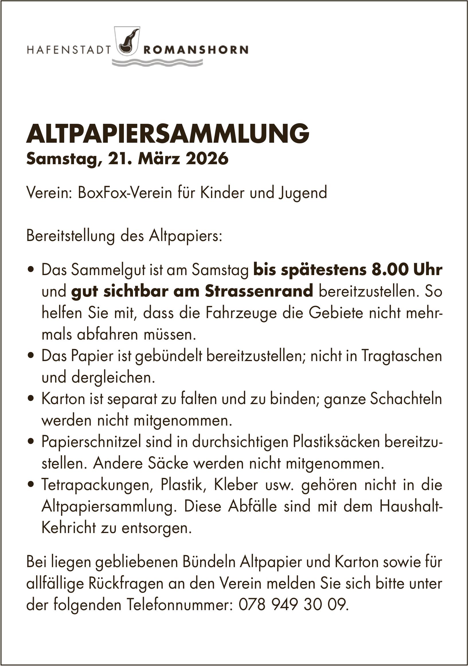Sonstiges, Hafenstadt Romanshorn, Altpapiersammlung: Samstag, 21. März 2026