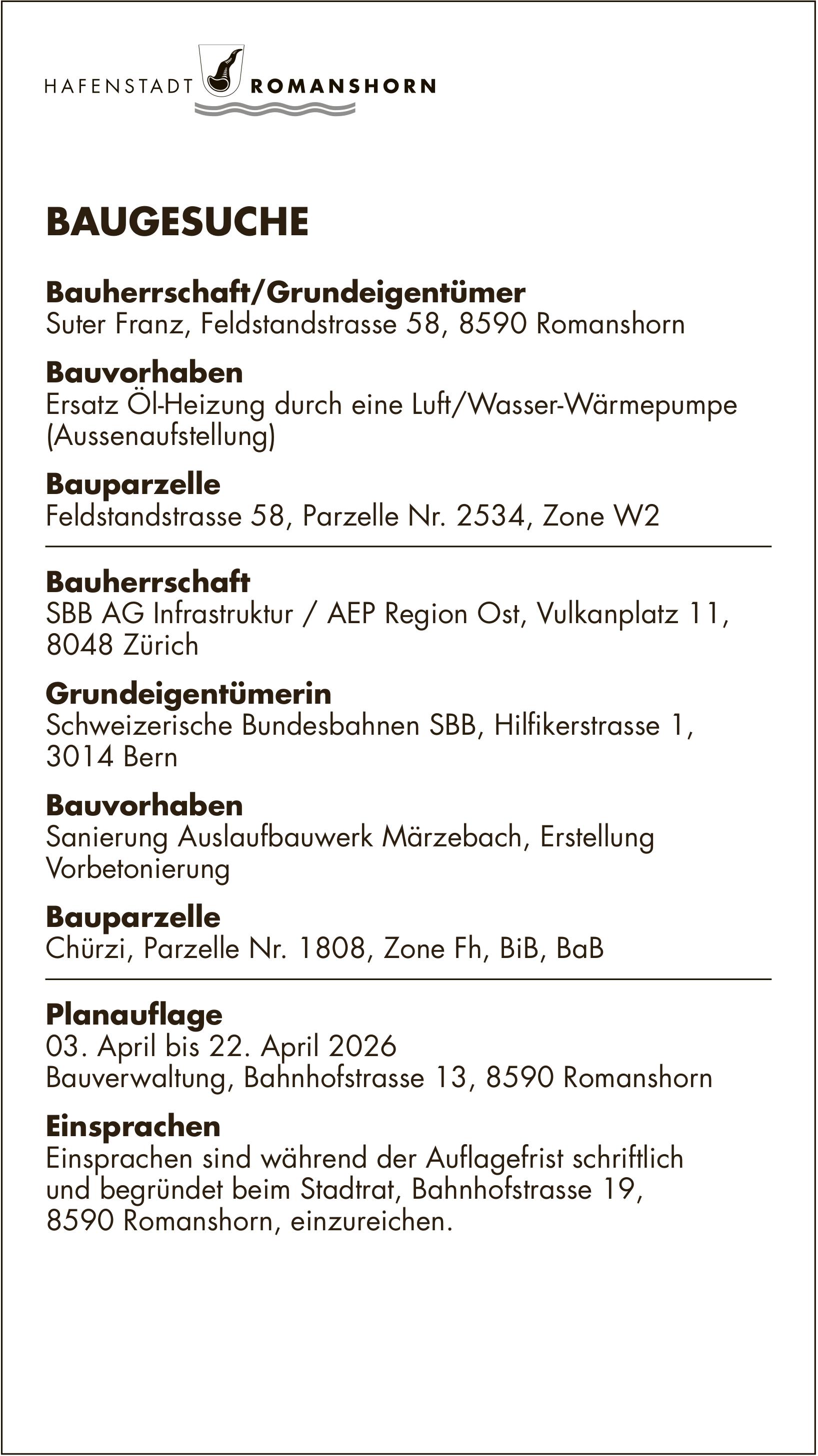 BAUGESUCHE, 3. April bis 22. April 2026