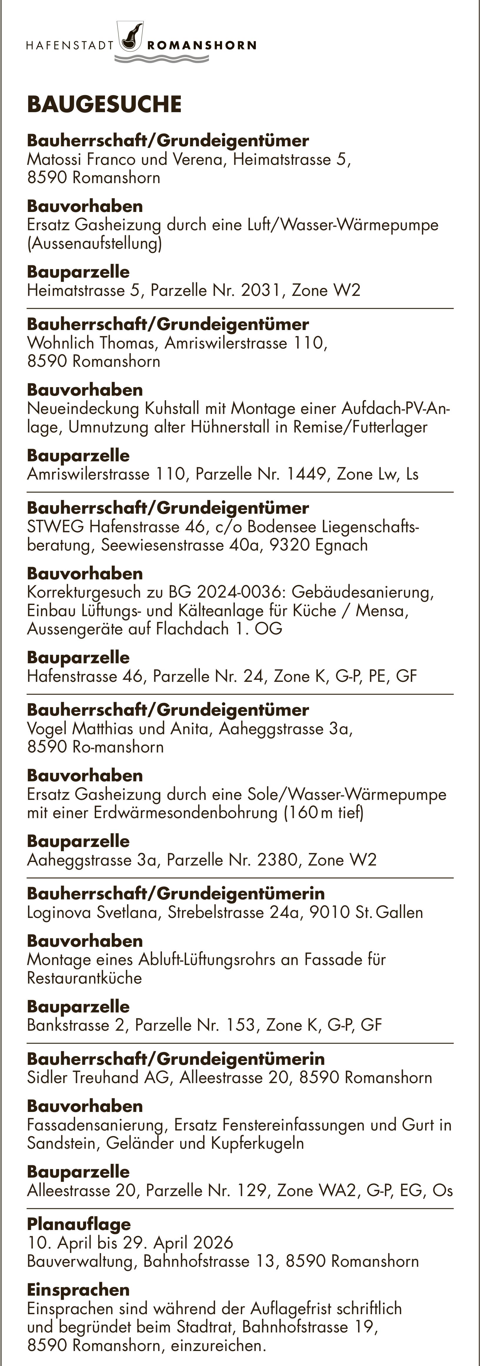 HAFENSTADT ROMANSHORN, 10. April bis 29. April 2026, BAUGESUCHE