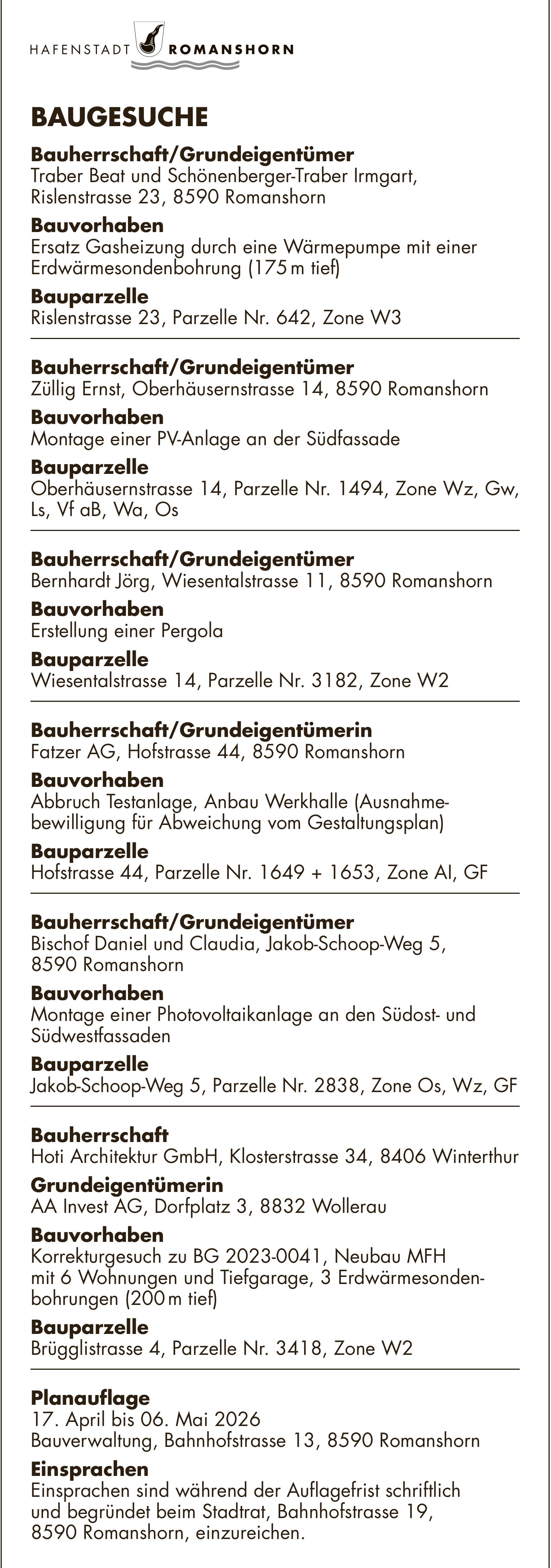 Baugesuche, HAFENSTADT ROMANSHORN, 17. April bis 6. Mai 2026, Bauherrschaft/Grundeigentümer