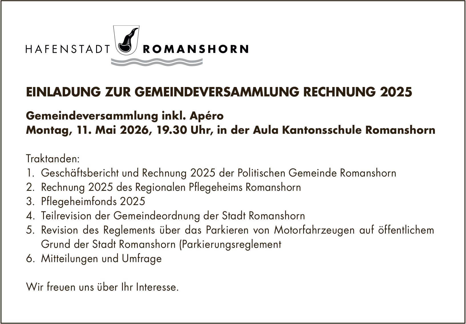 EINLADUNG ZUR GEMEINDEVERSAMMLUNG RECHNUNG 2025, 11. Mai, Aula Kantonsschule Romanshorn