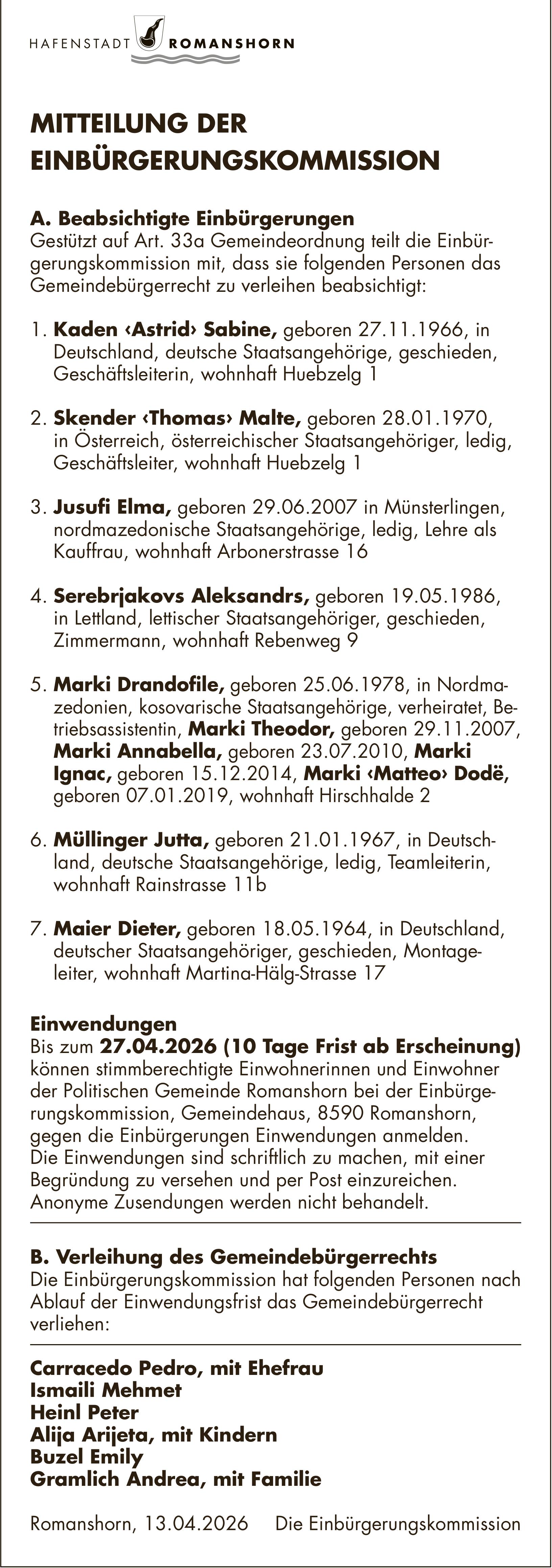 Sonstiges, Hafenstadt Romanshorn, MITTEILUNG DER EINBÜRGERUNGSKOMMISSION