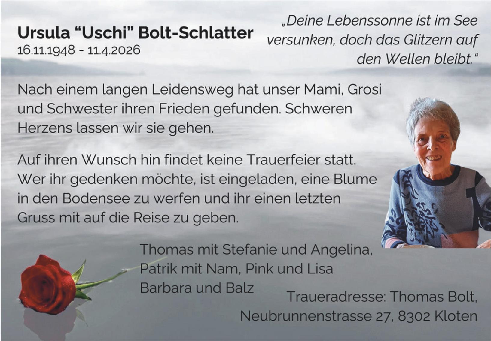 Bolt-Schlatter Ursula 'Uschi', April 2026 / TA
