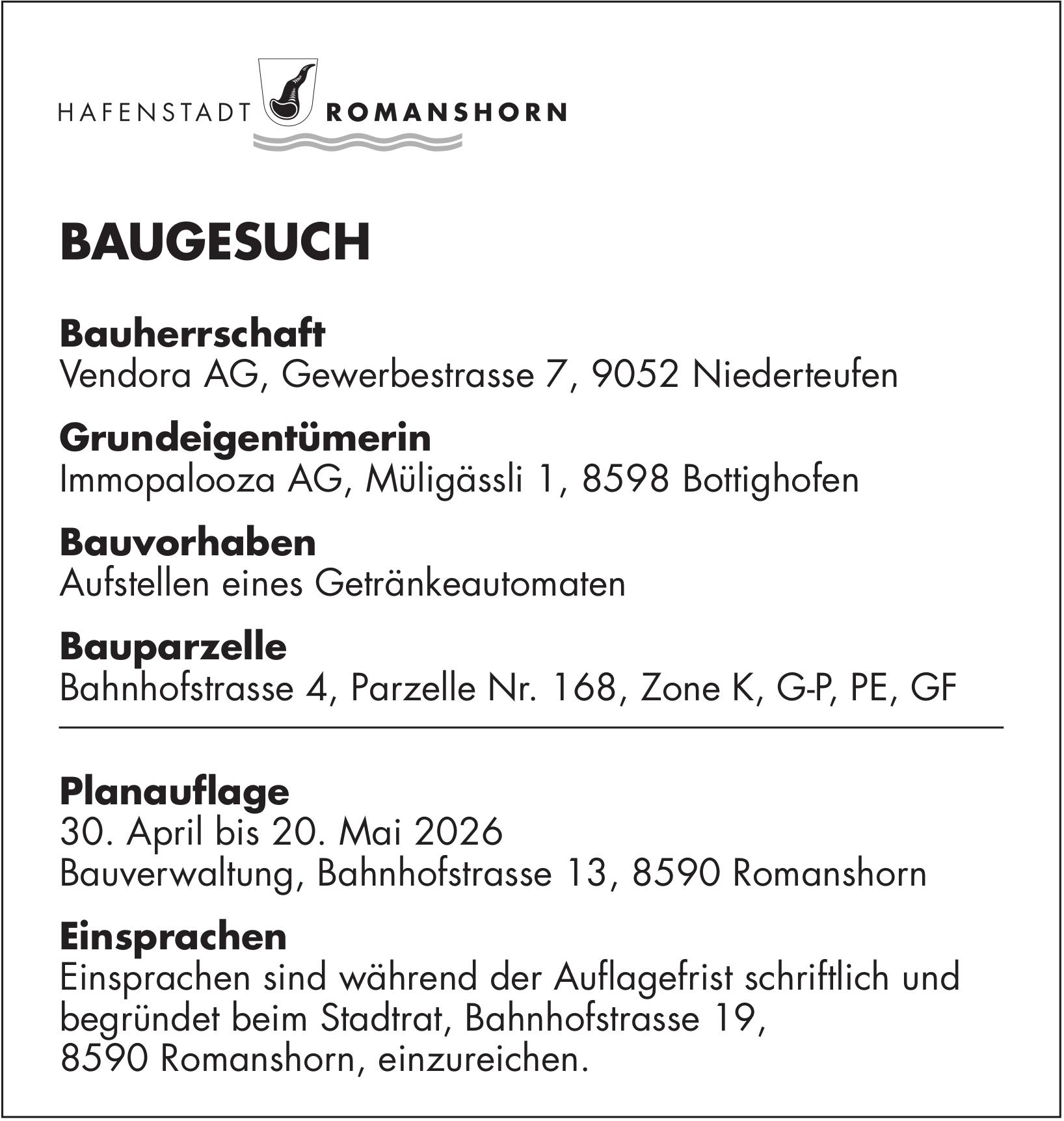 Baugesuche, 30. April bis 20. Mai 2026, HAFENSTADT ROMANSHORN, Bauherrschaft