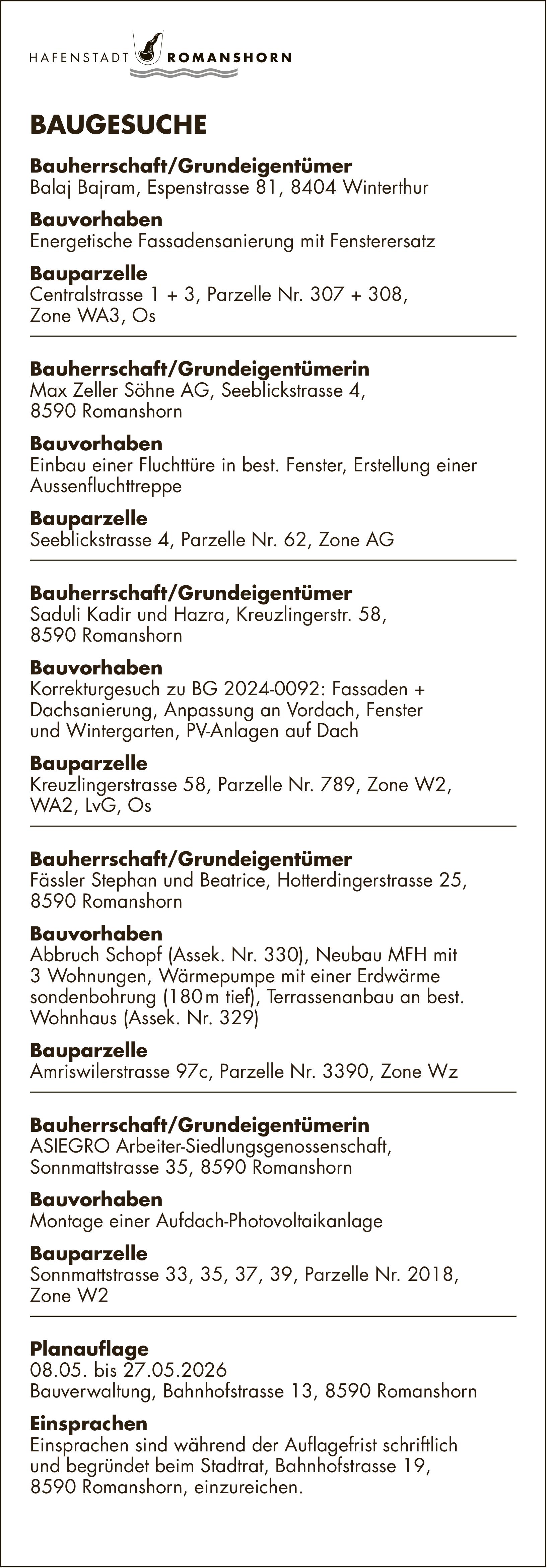 Baugesuche, 08.05. bis 27.05.2026, Stadt Romanshorn, Bauherrschaft/Grundeigentümer