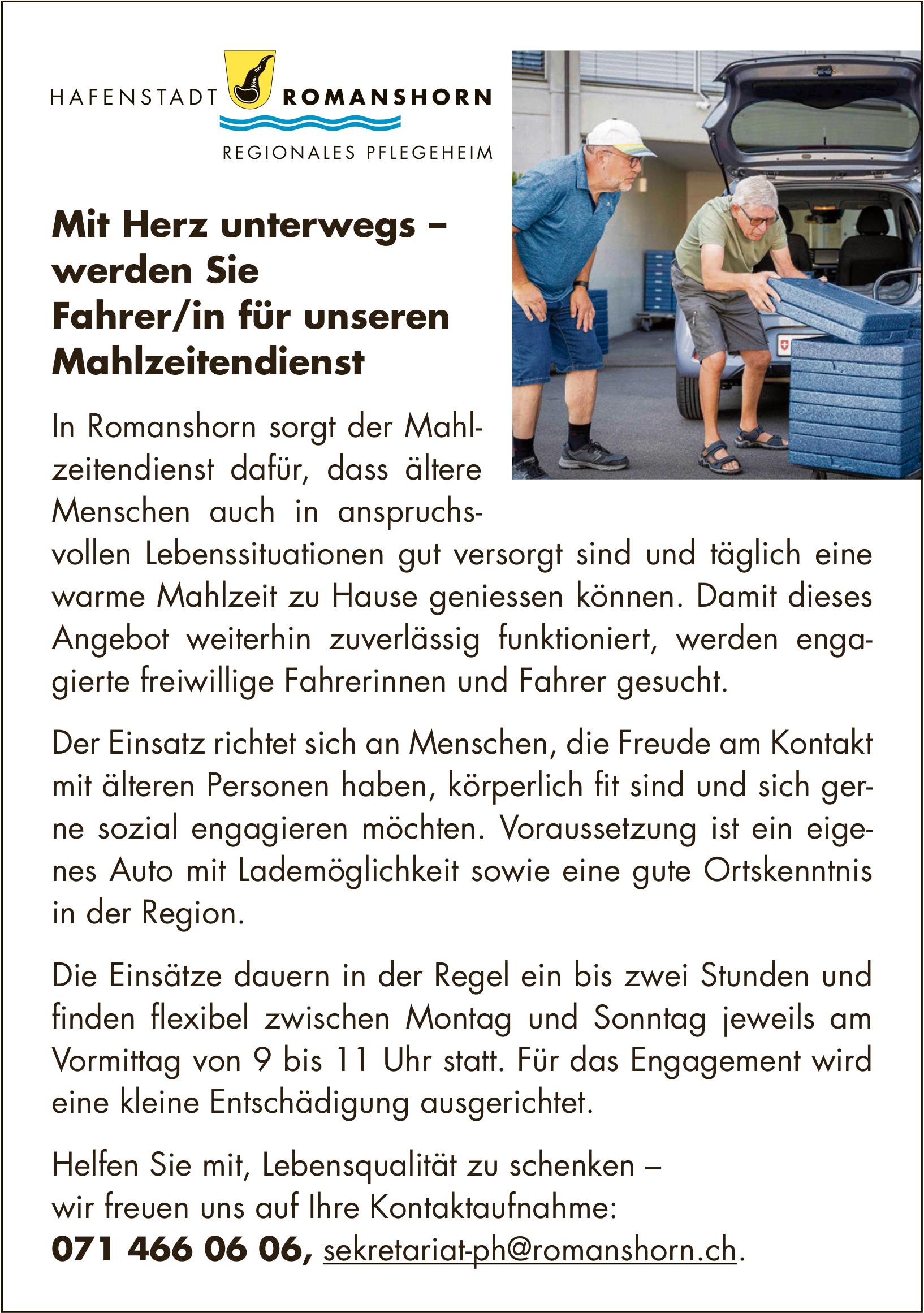 Regionale Pflegeheim Romanshorn, Fahrer/in für unseren Mahlzeitendienst