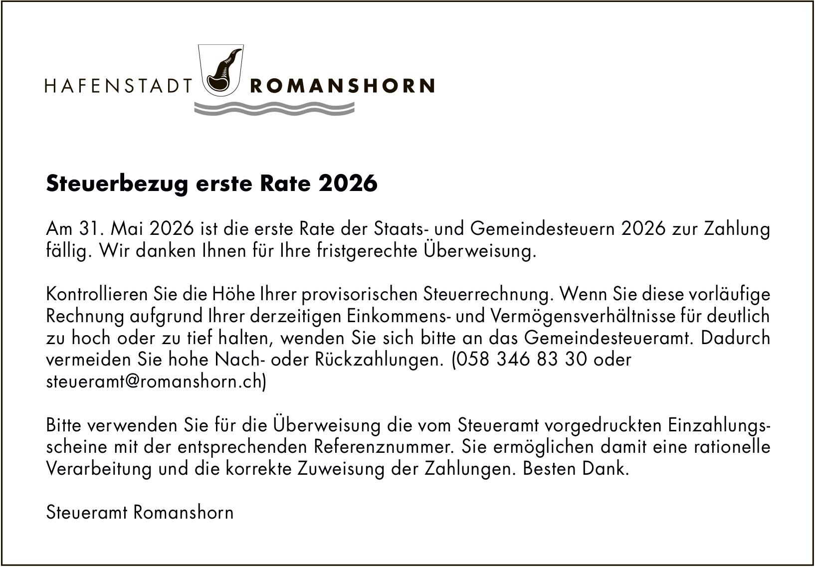 Gemeinde, Steueramt Romanshorn, Steuerbezug erste Rate 2026
