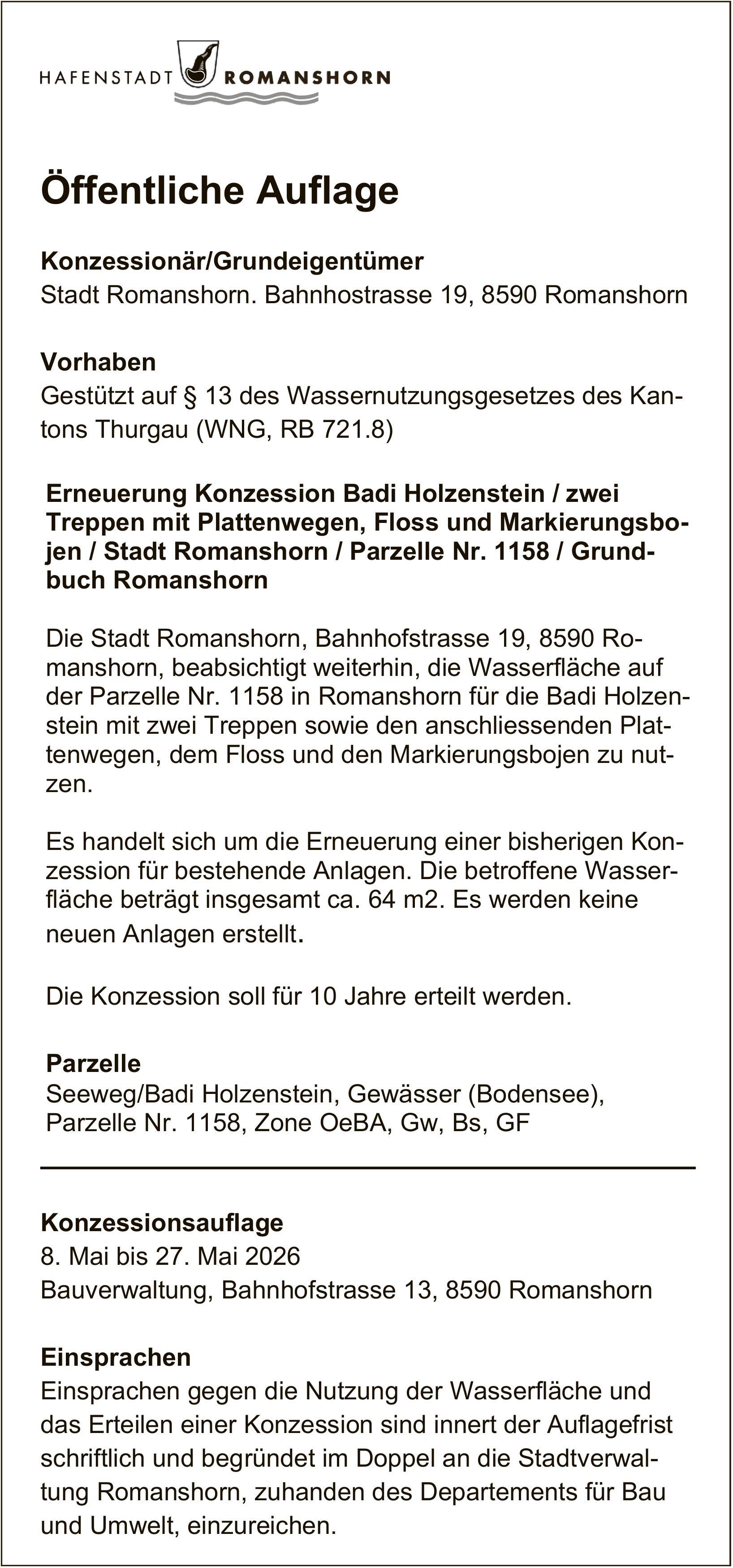 Sonstiges, Stadt Romanshorn, Erneuerung Konzession Badi Holzenstein / zwei Treppen mit Plattenwegen, Floss und Markierungsbojen / Stadt Romanshorn / Parzelle Nr. 1158 / Grundbuch Romanshorn
