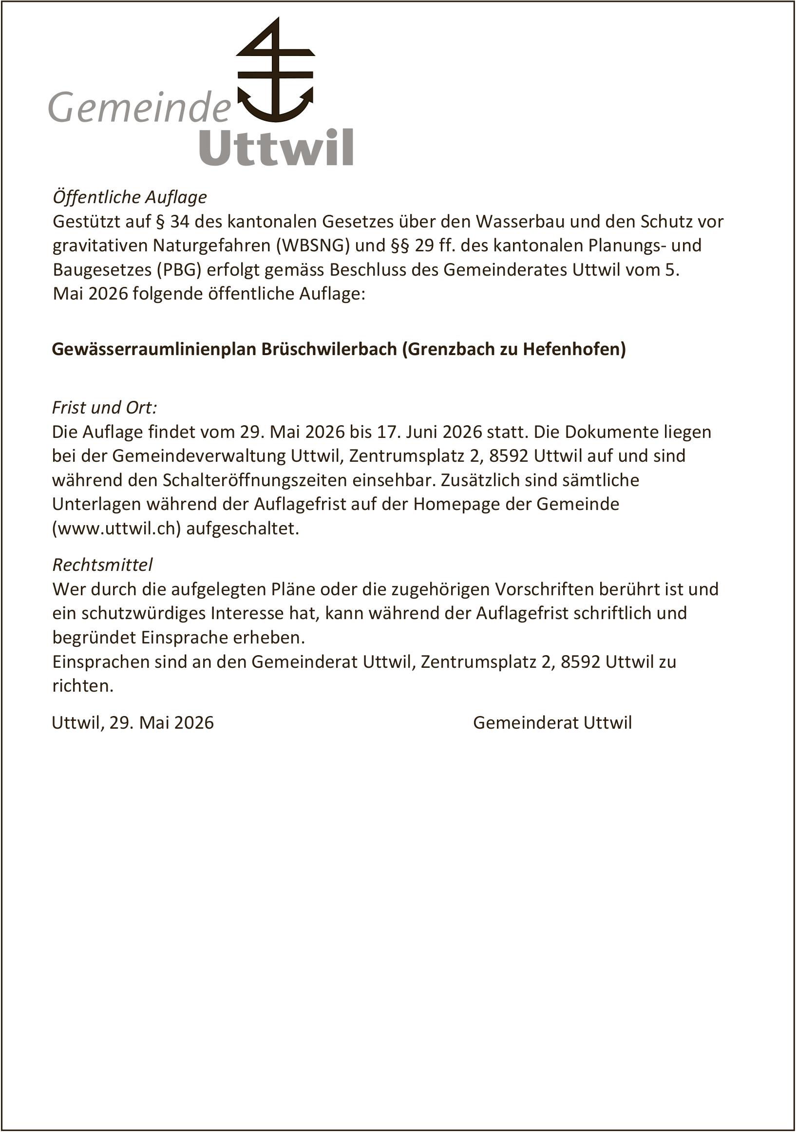 Gemeinde, Gemeinde Uttwil, Öffentliche Auflage