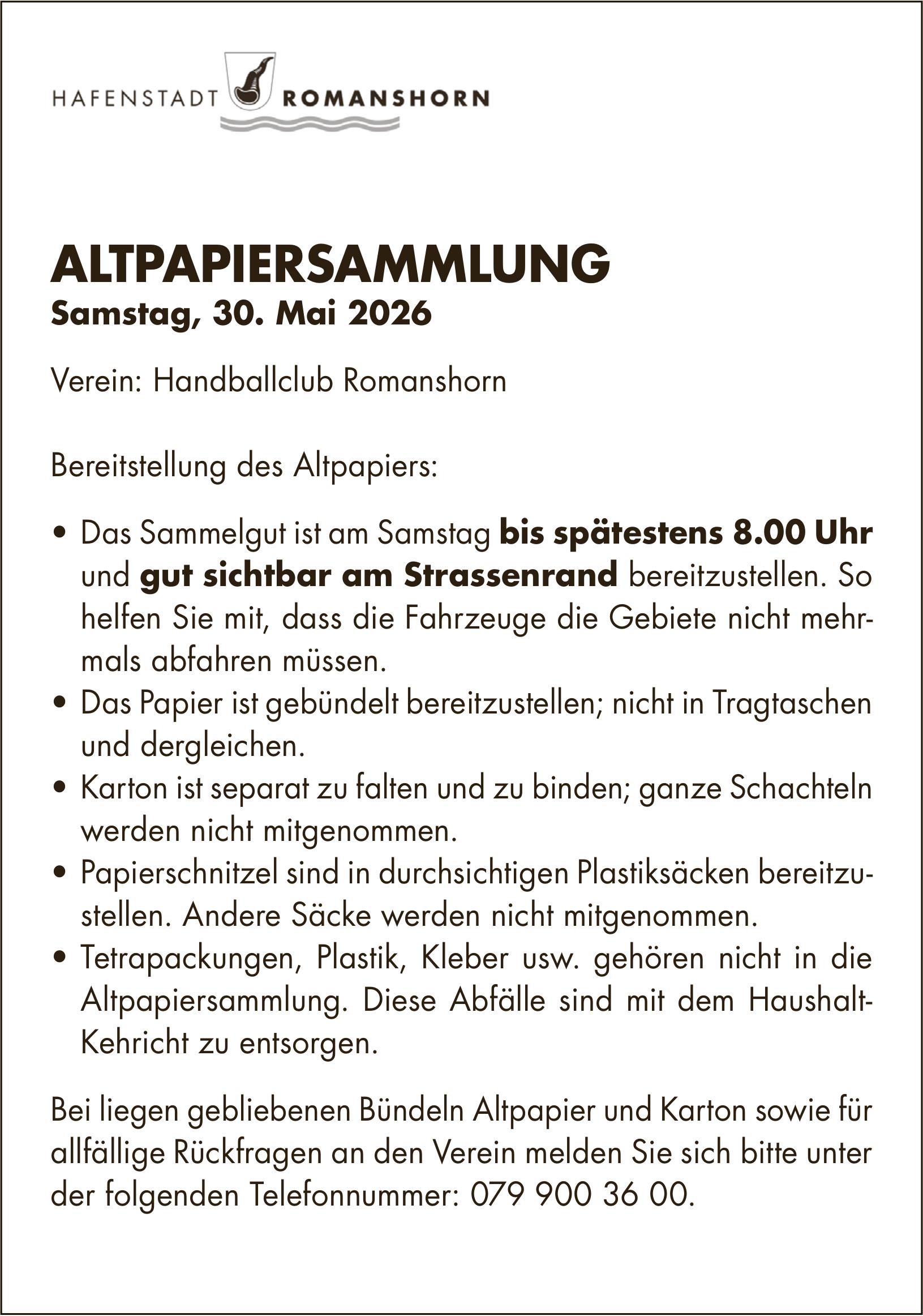Gemeinde, 30. Mai 2026: Altpapiersammlung