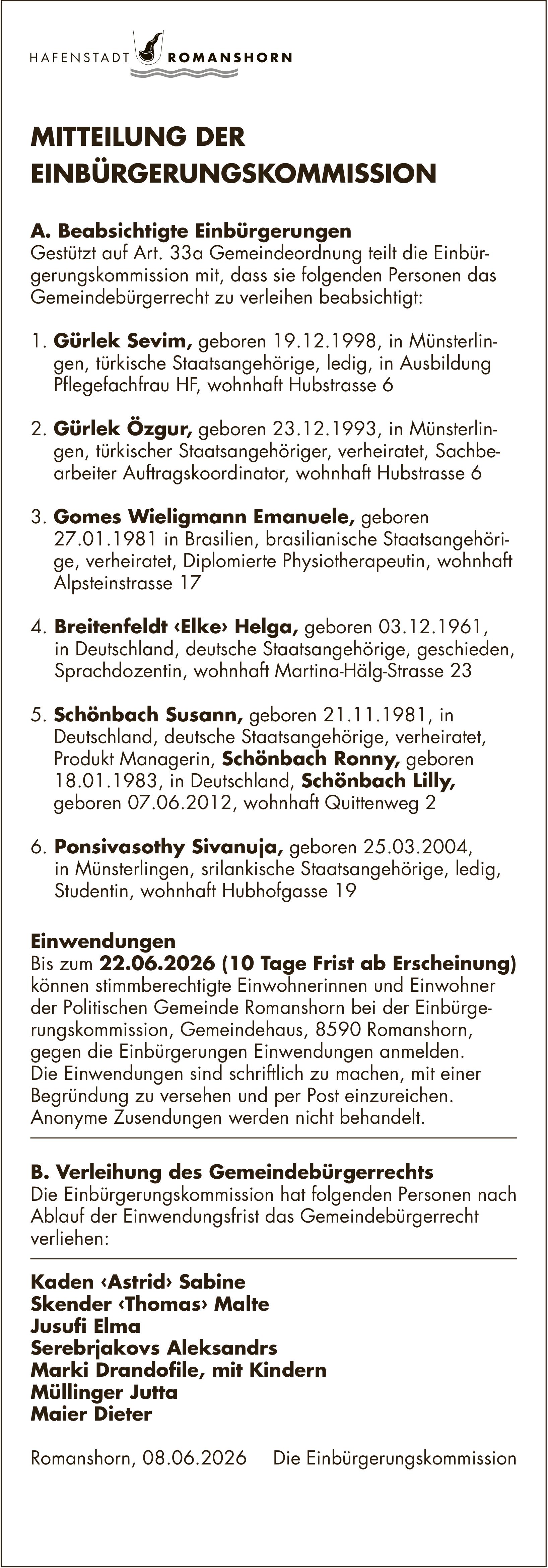 Sonstiges, Hafenstadt Romanshorn, MITTEILUNG DER EINBÜRGERUNGSKOMMISSION