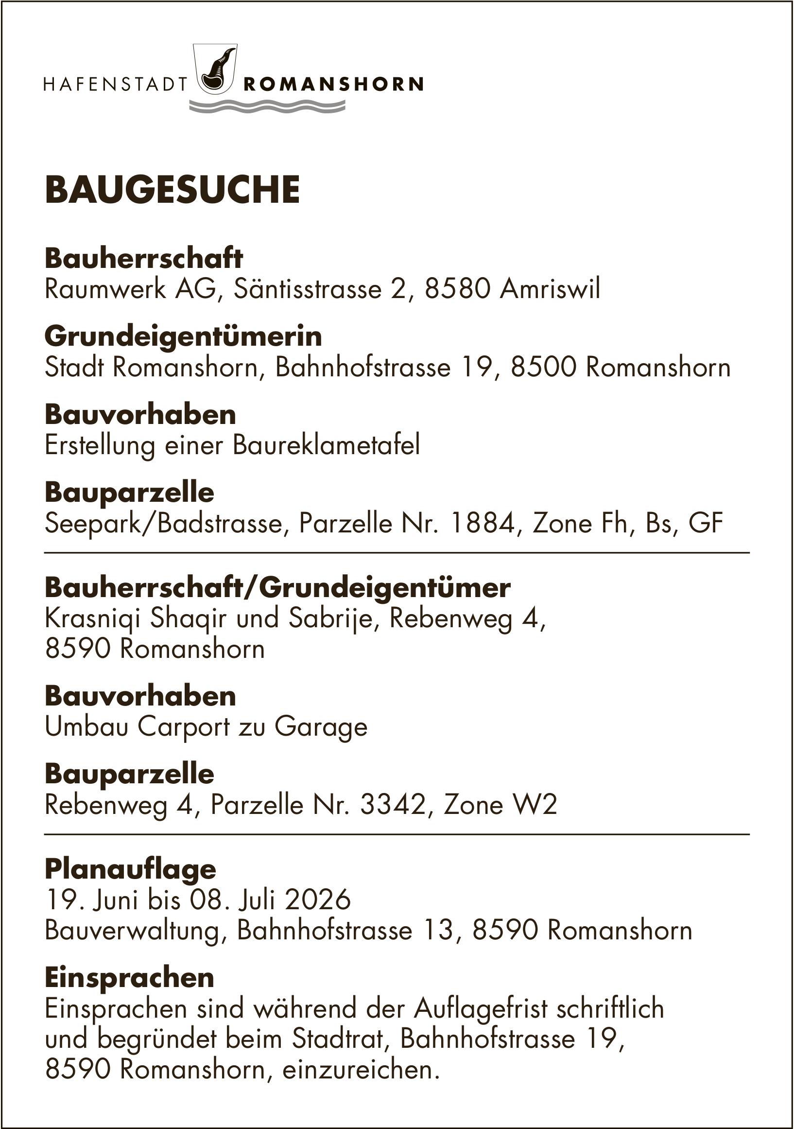 Hafenstadt Romanshorn, 19. Juni bis 8. Juli 2026, BAUGESUCHE