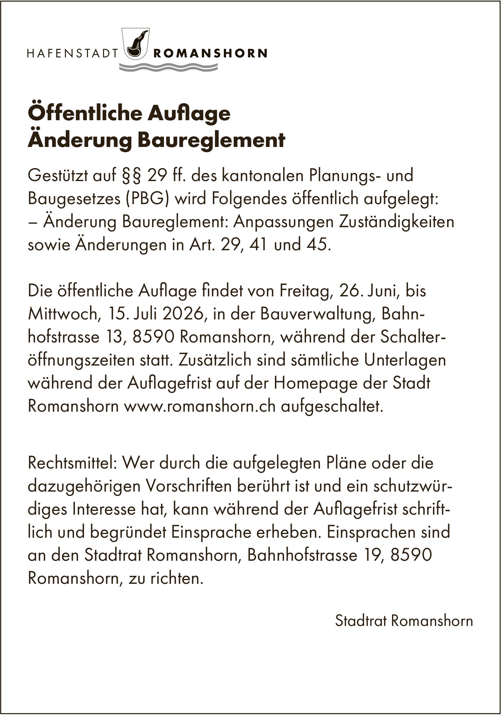 Baugesuche, 26. Juni bis 15. Juli 2026, Hafenstadt Romanshorn, Öffentliche Auflage