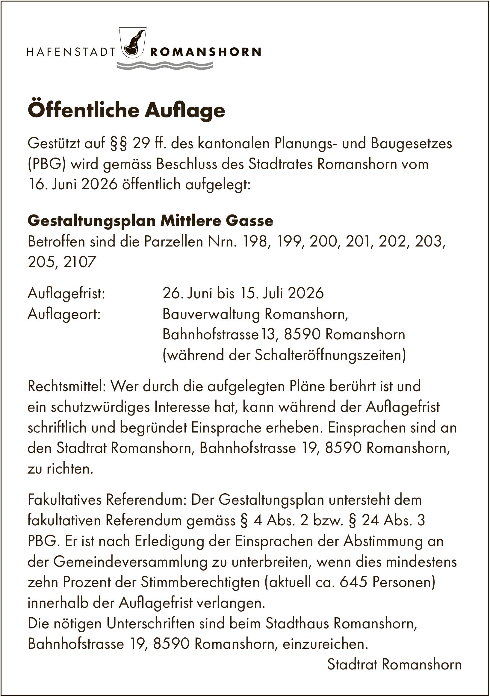 Sonstiges, 26. Juni bis 15. Juli 2026, Hafenstadt Romanshorn, Öffentliche Auflage Änderung Baureglement