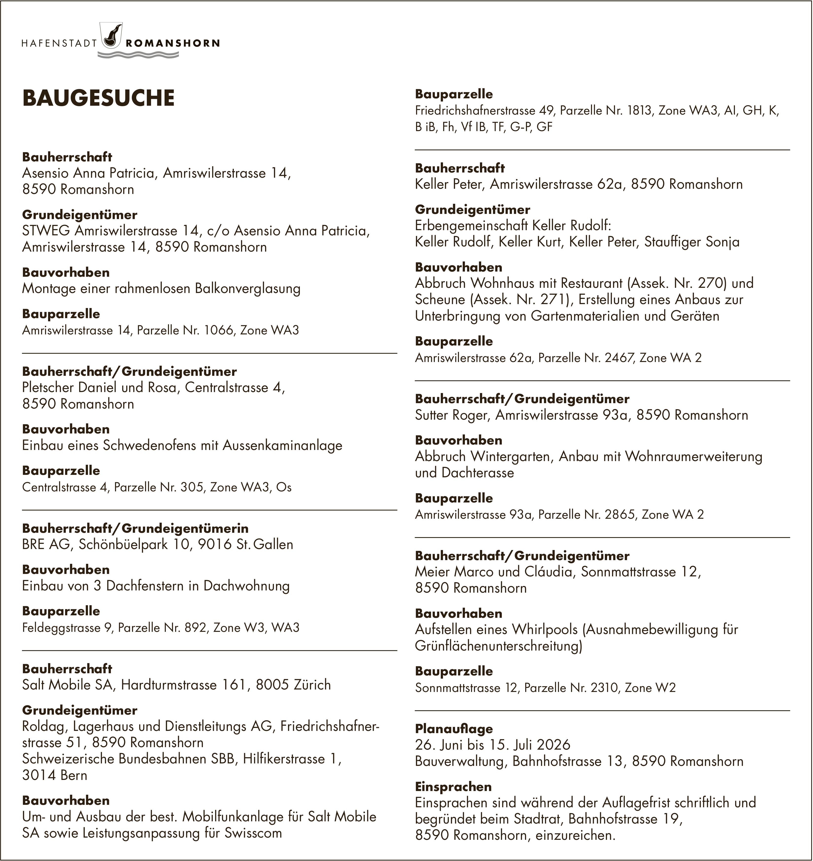 Baugesuche, 26. Juni bis 15. Juli 2026, Hafenstadt Romanshorn, Bauherrschaft