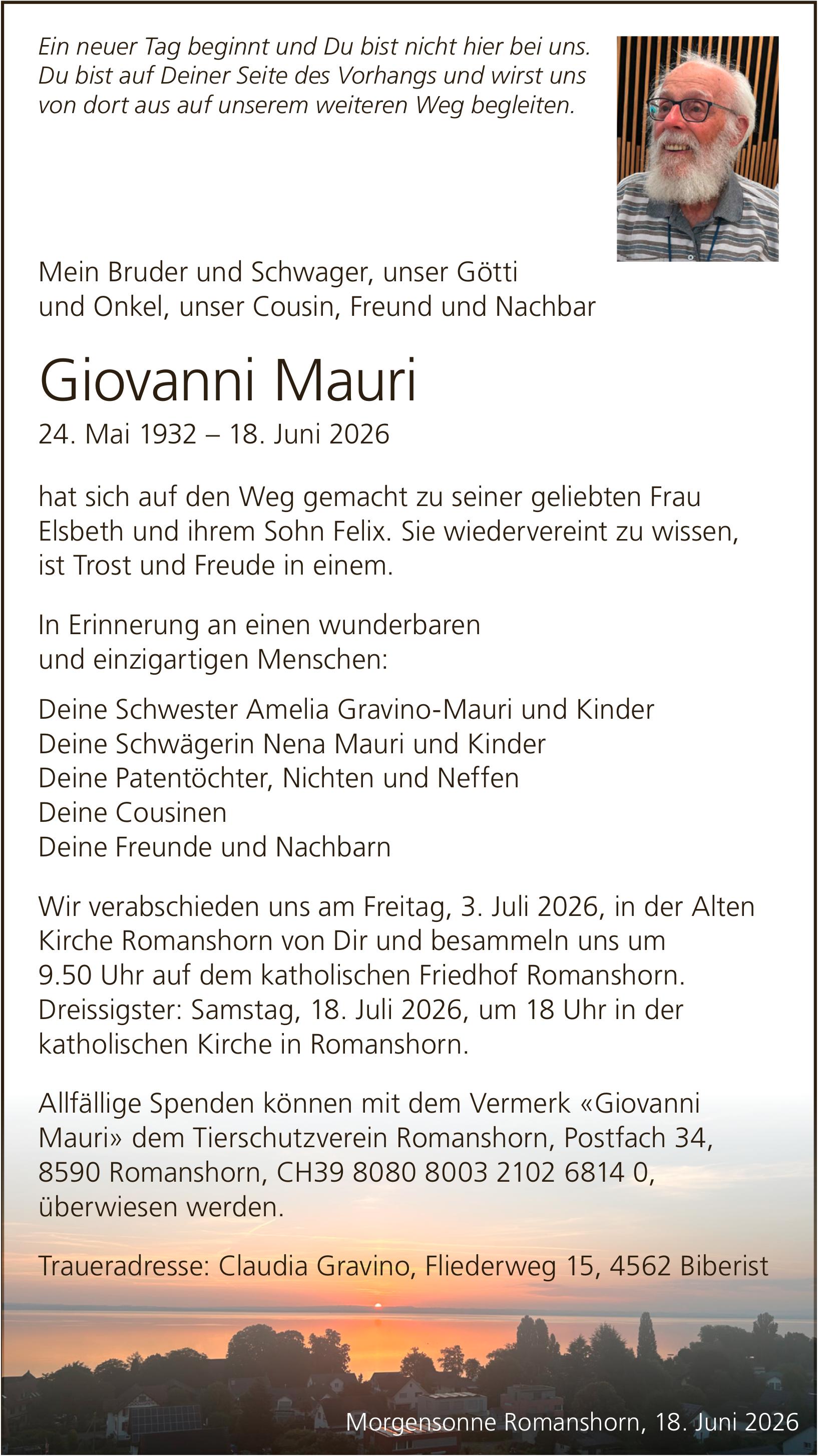 Mauri Giovanni, Juni 2026 / TA