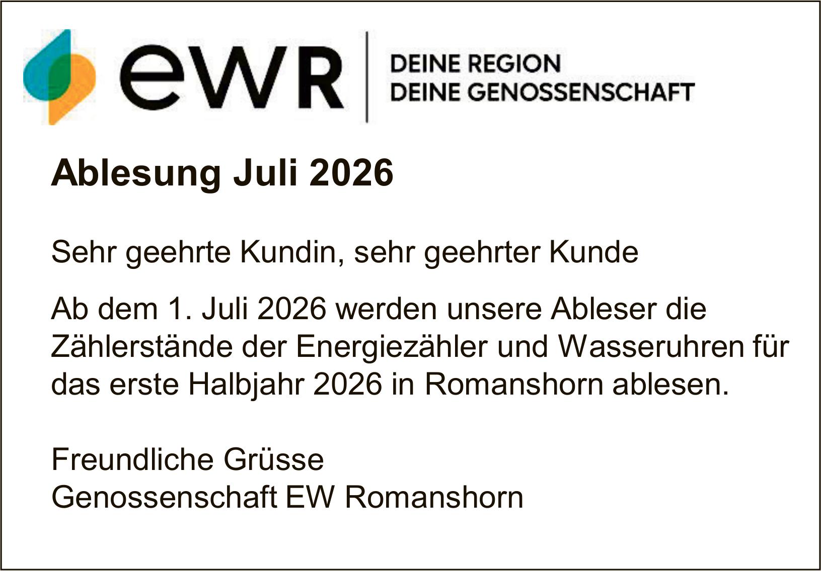 Genossenschaft EW Romanshorn, Ablesung Juli 2026