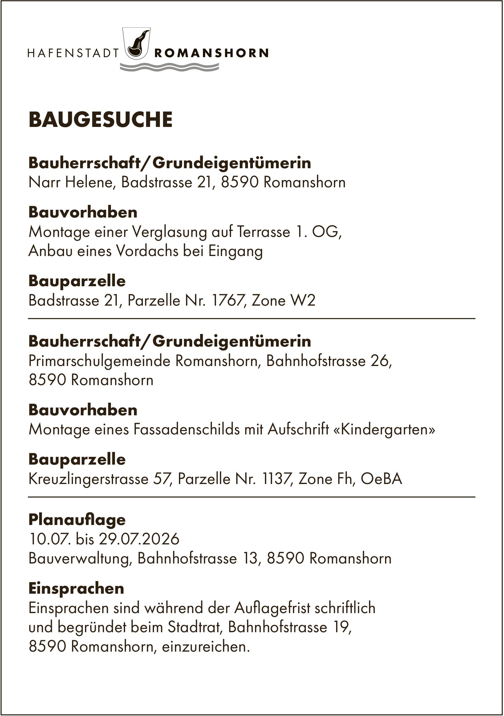 Baugesuche, 10. bis 29. Juli 2026, HAFENSTADT ROMANSHORN, Bauherrschaft/Grundeigentümerin