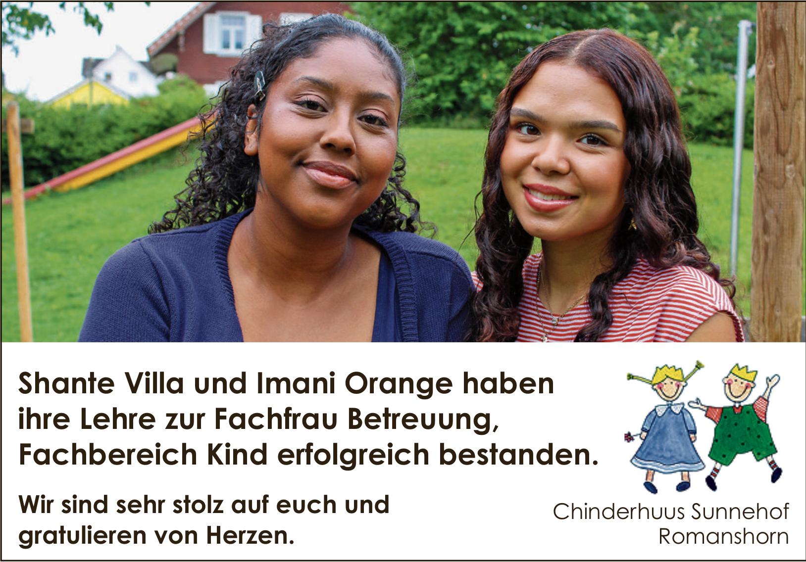 Chinderhuus Sunnehof Romanshorn, Shante Villa und Imani Orange haben ihre Lehre zur Fachfrau Betreuung, Fachbereich Kind erfolgreich bestanden.