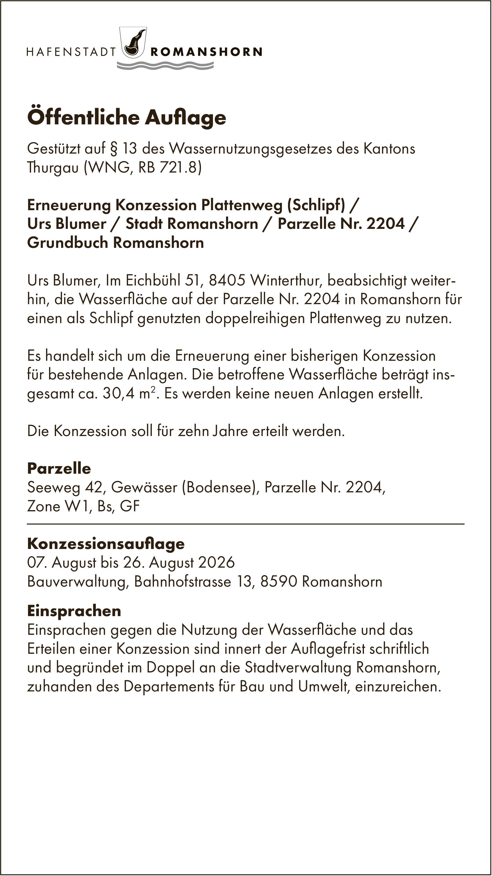 Sonstiges, Hafenstadt Romanshorn, Öffentliche Auflage
