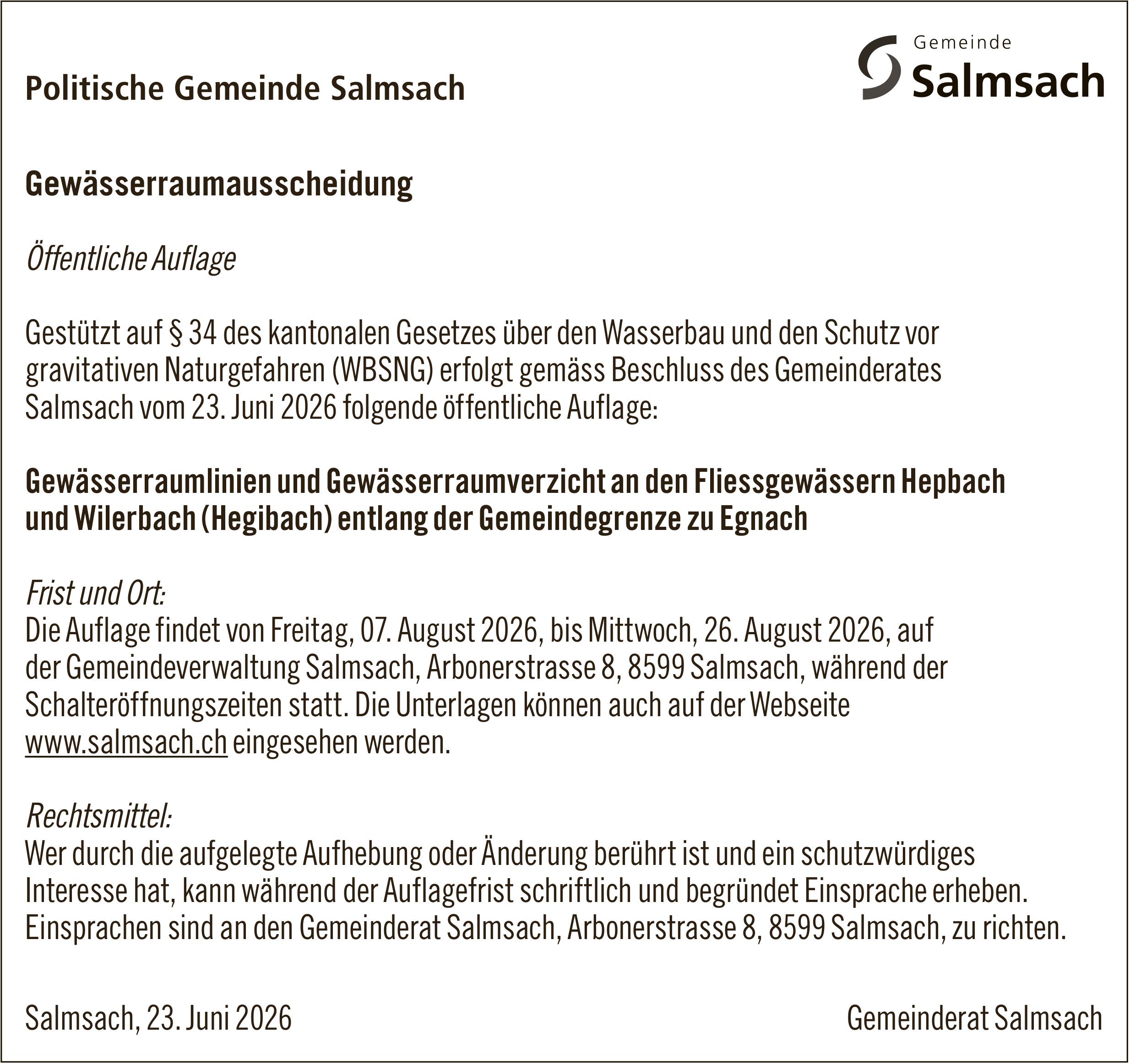 Sonstiges, Gemeinde Salmsach, Gewässerraumausscheidung