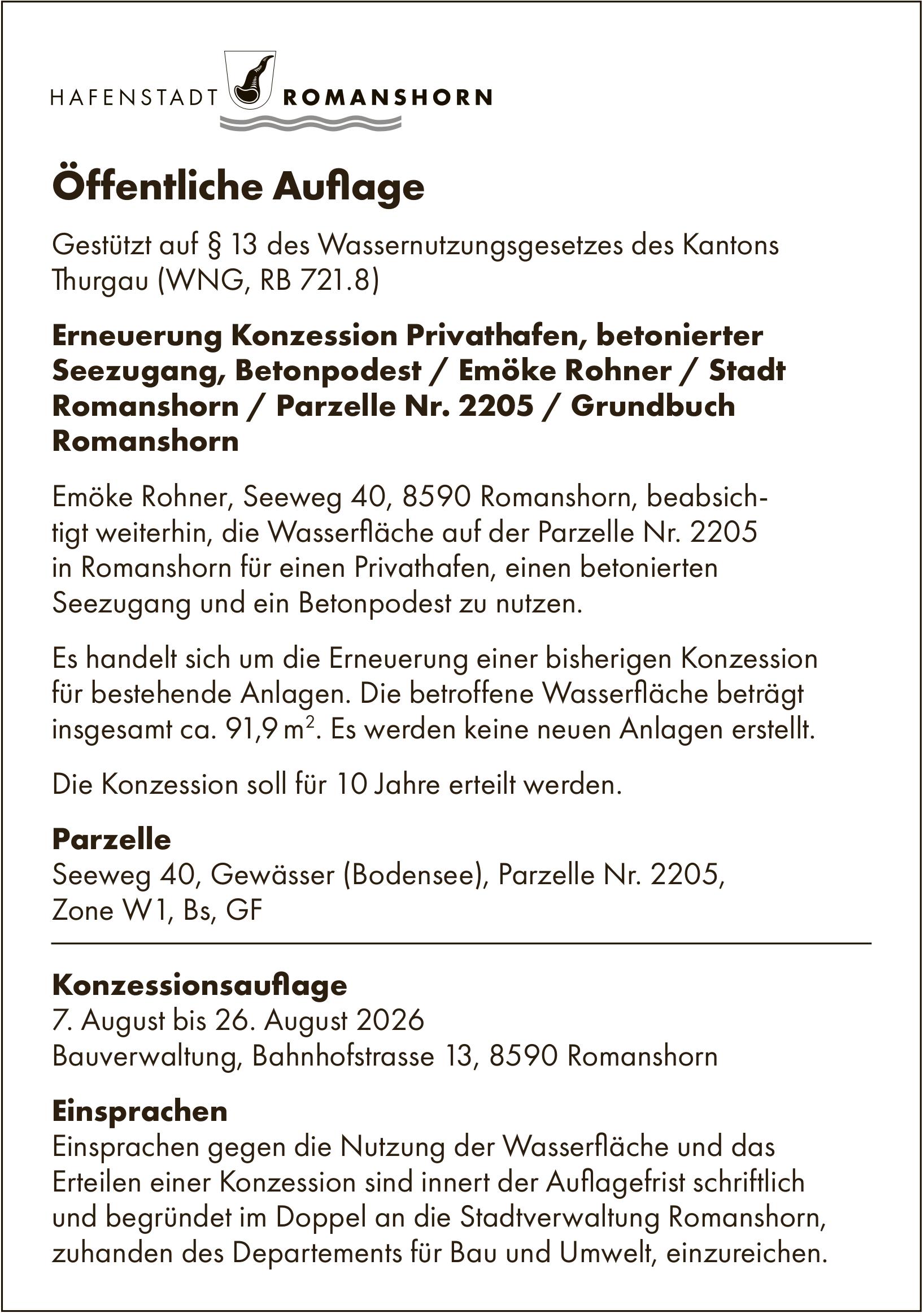 Sonstiges, Hafenstadt Romanshorn, Öffentliche Auflage
