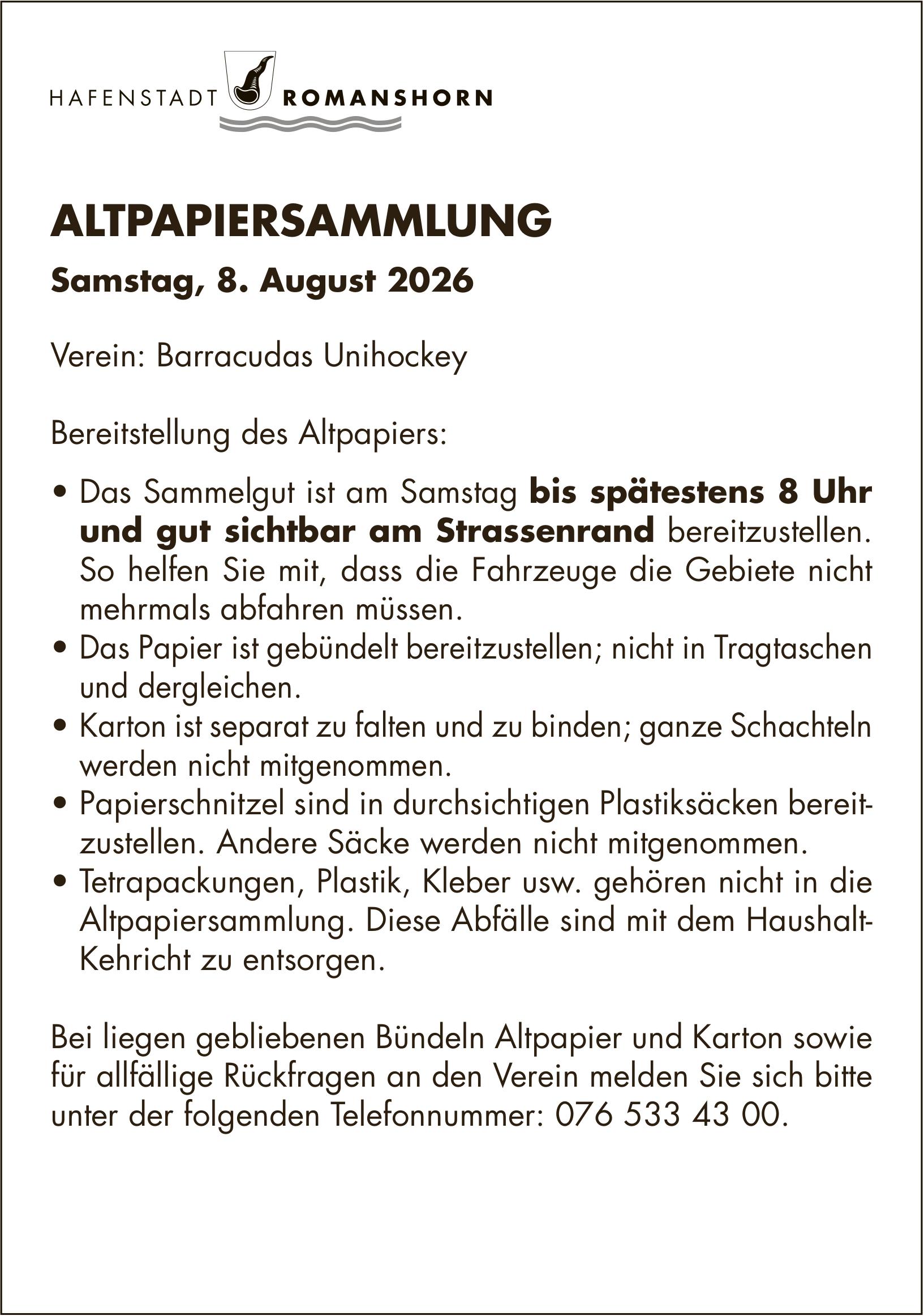 Sonstiges, Hafenstadt Romanshorn, ALTPAPIERSAMMLUNG, Samstag 8. August 2026