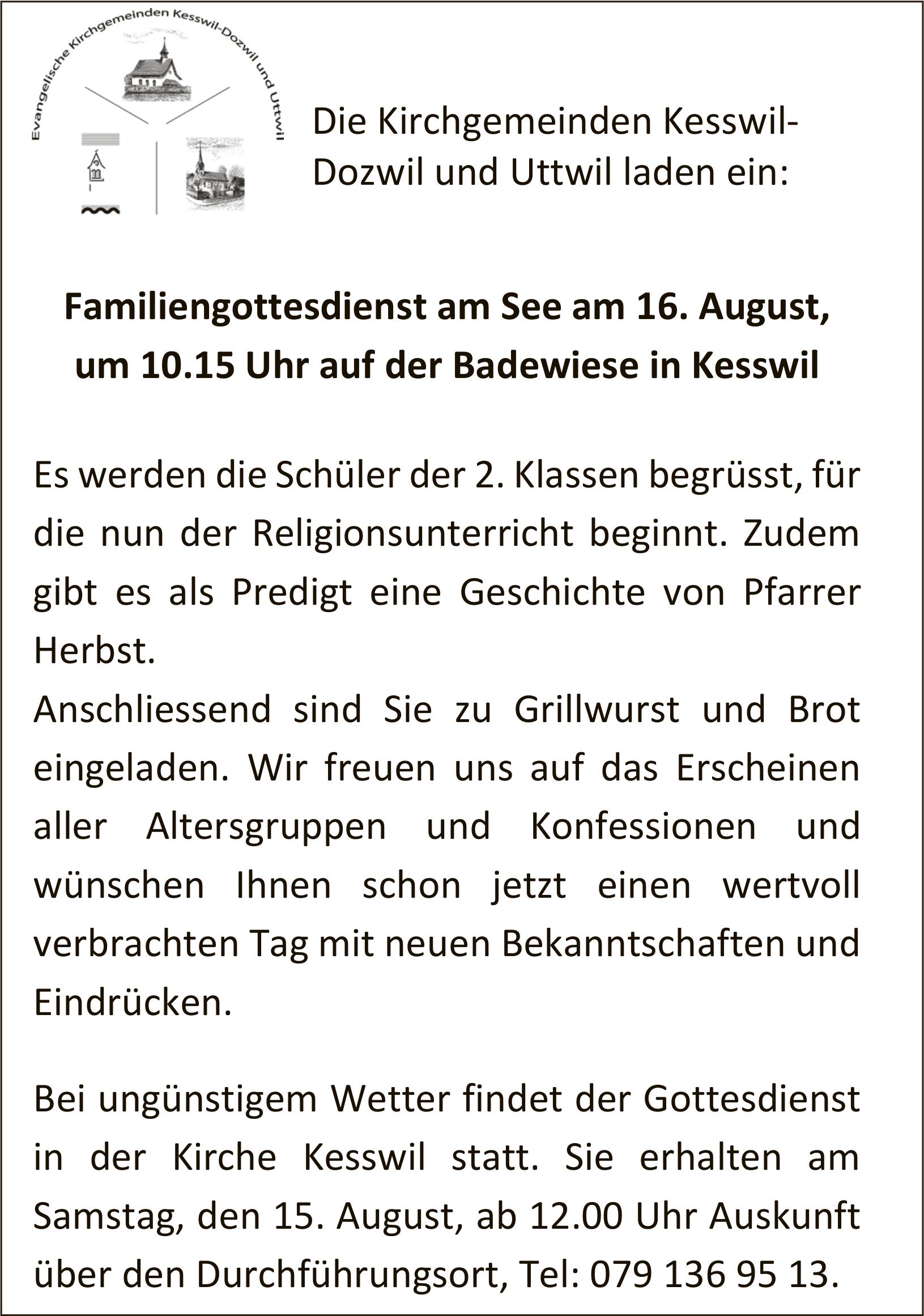 Familiengottesdienst am See, 16. August, Badewiese in Kesswil