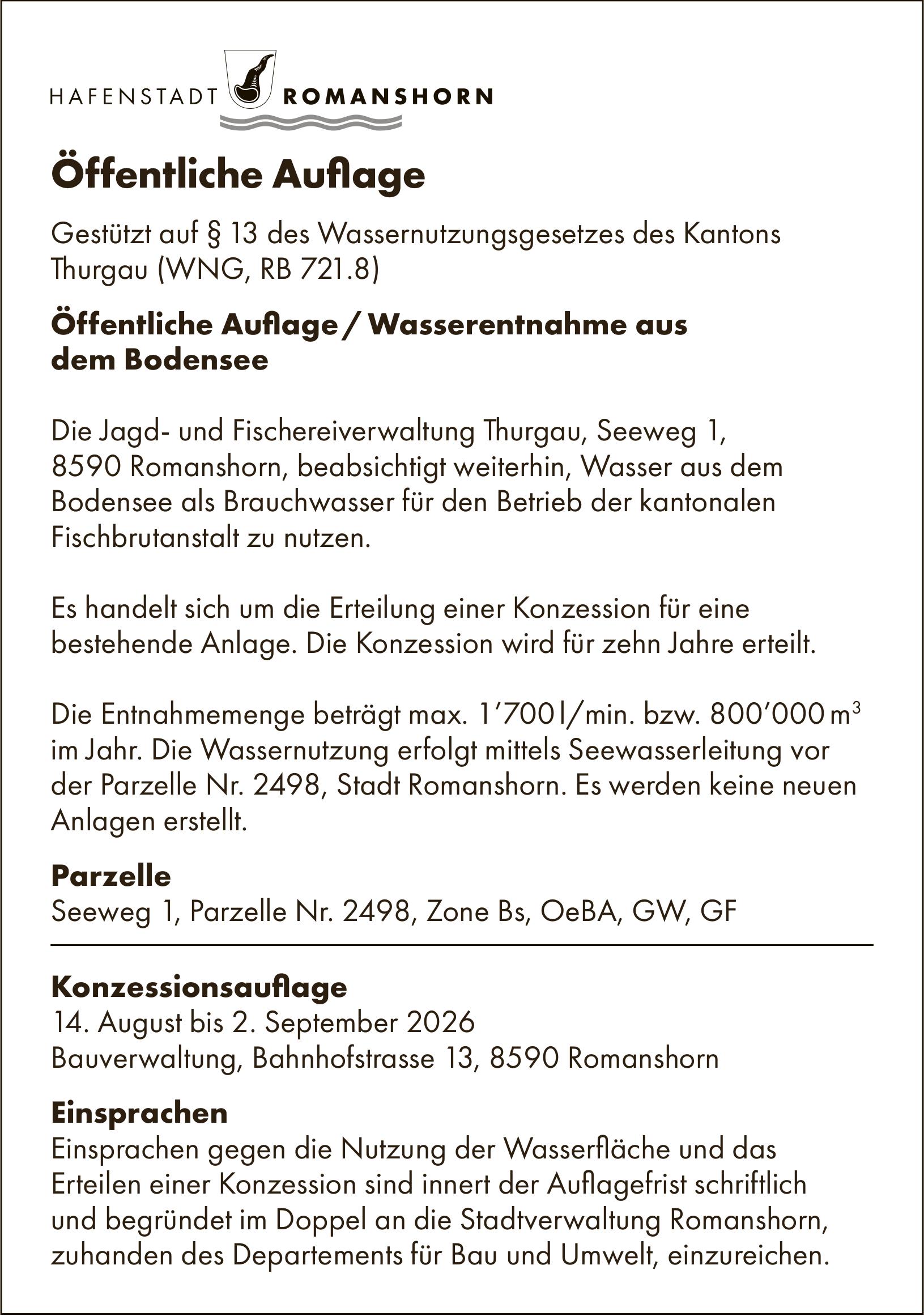 Sonstiges, HAFENSTADT ROMANSHORN, Öffentliche Auflage/Wasserentnahme aus dem Bodensee