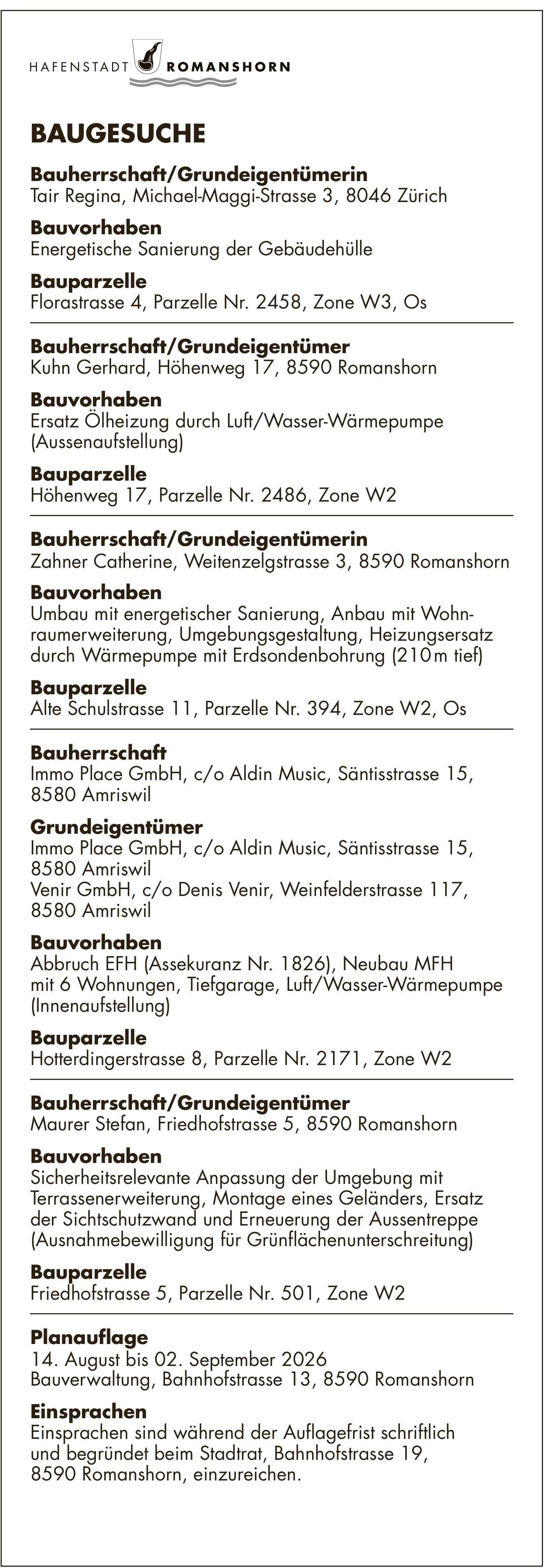 HAFENSTADT ROMANSHORN, 14. August bis 2. September 2026, BAUGESUCHE