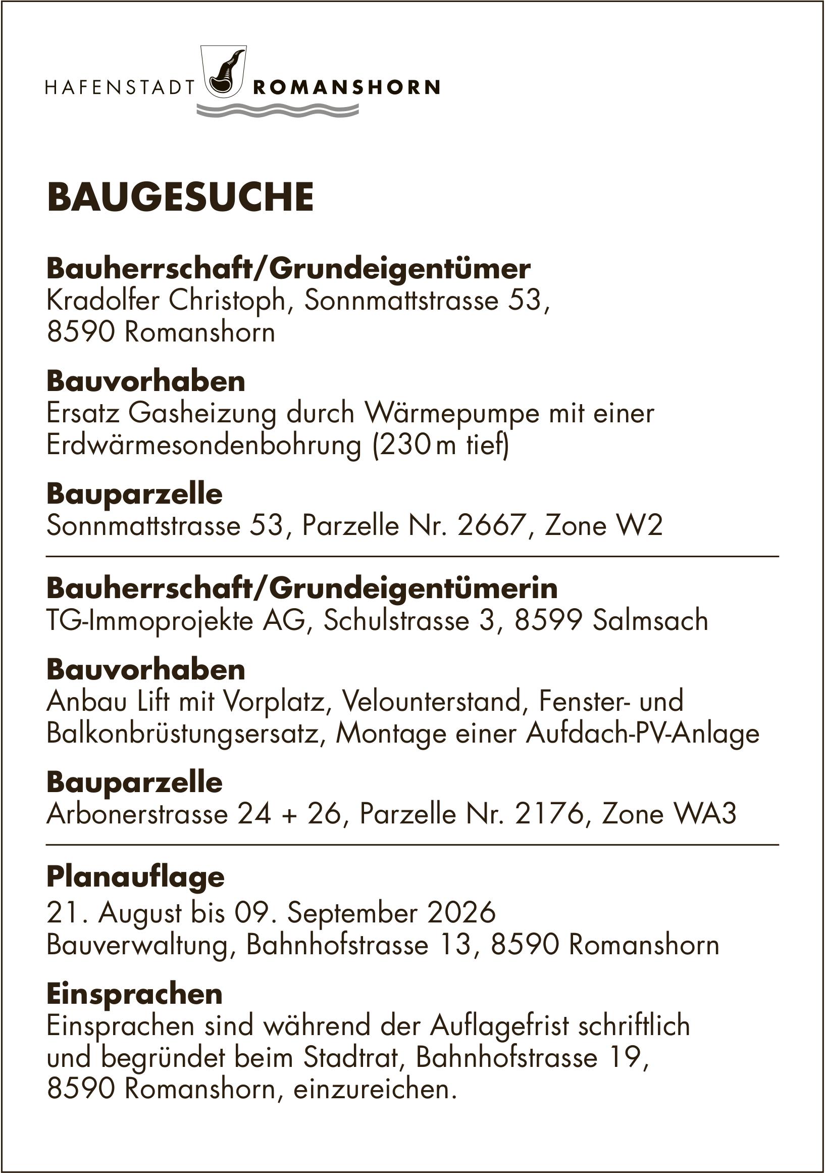 HAFENSTADT ROMANSHORN, 21. August bis 9. September 2026, BAUGESUCHE