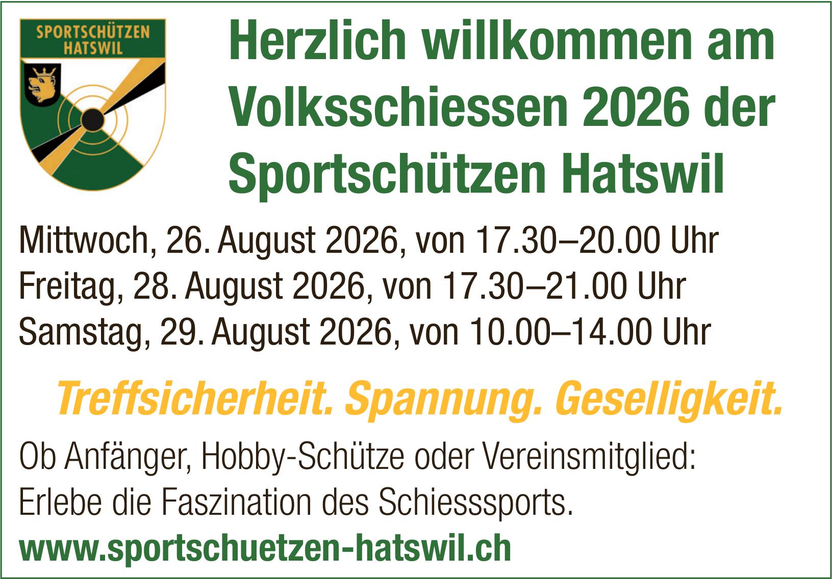 Volksschiessen 2026 der Sportschützen Hatswil, 26. - 29. August