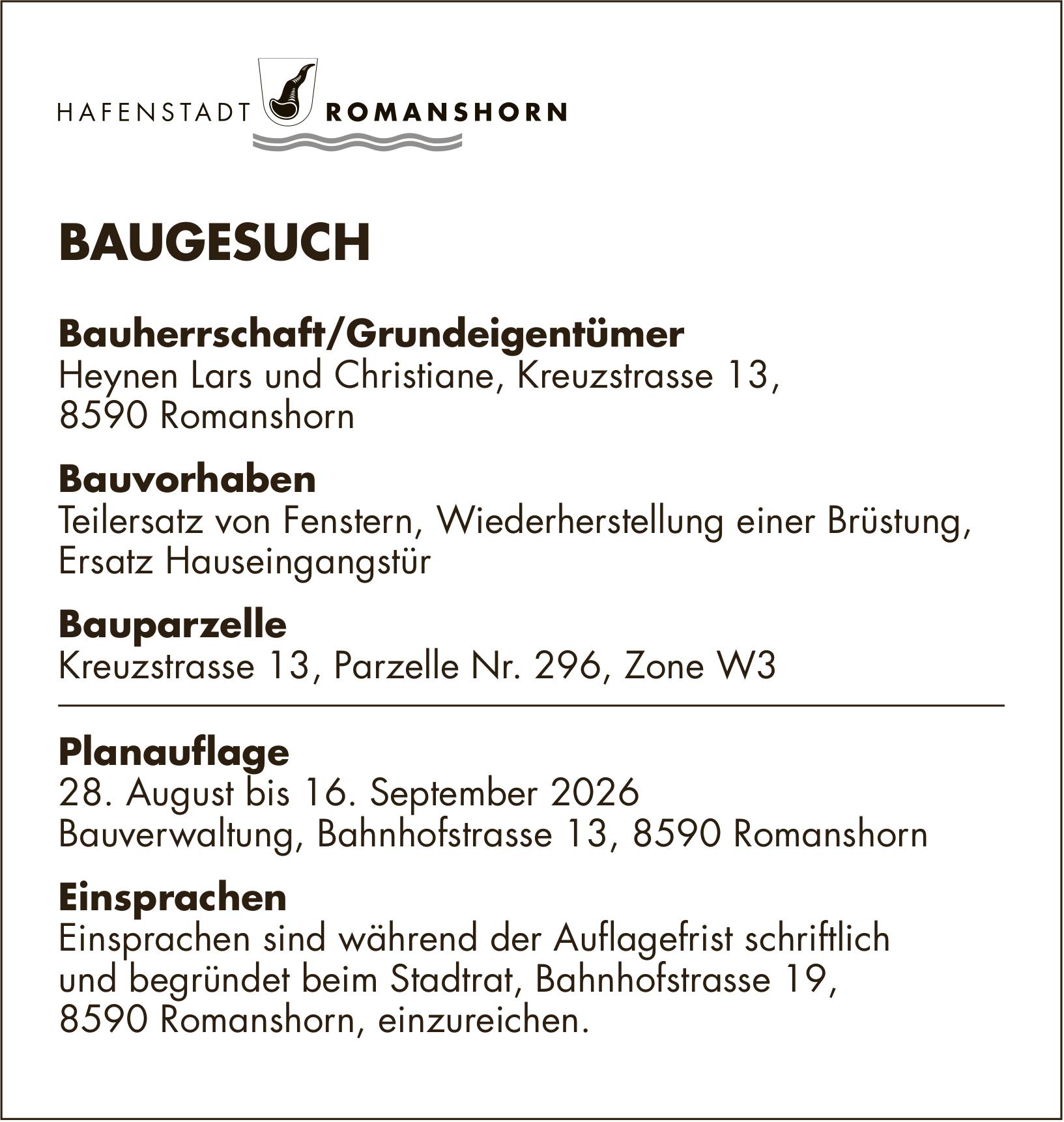 Baugesuche, HAFENSTADT ROMANSHORN, Bauherrschaft/Grundeigentümer