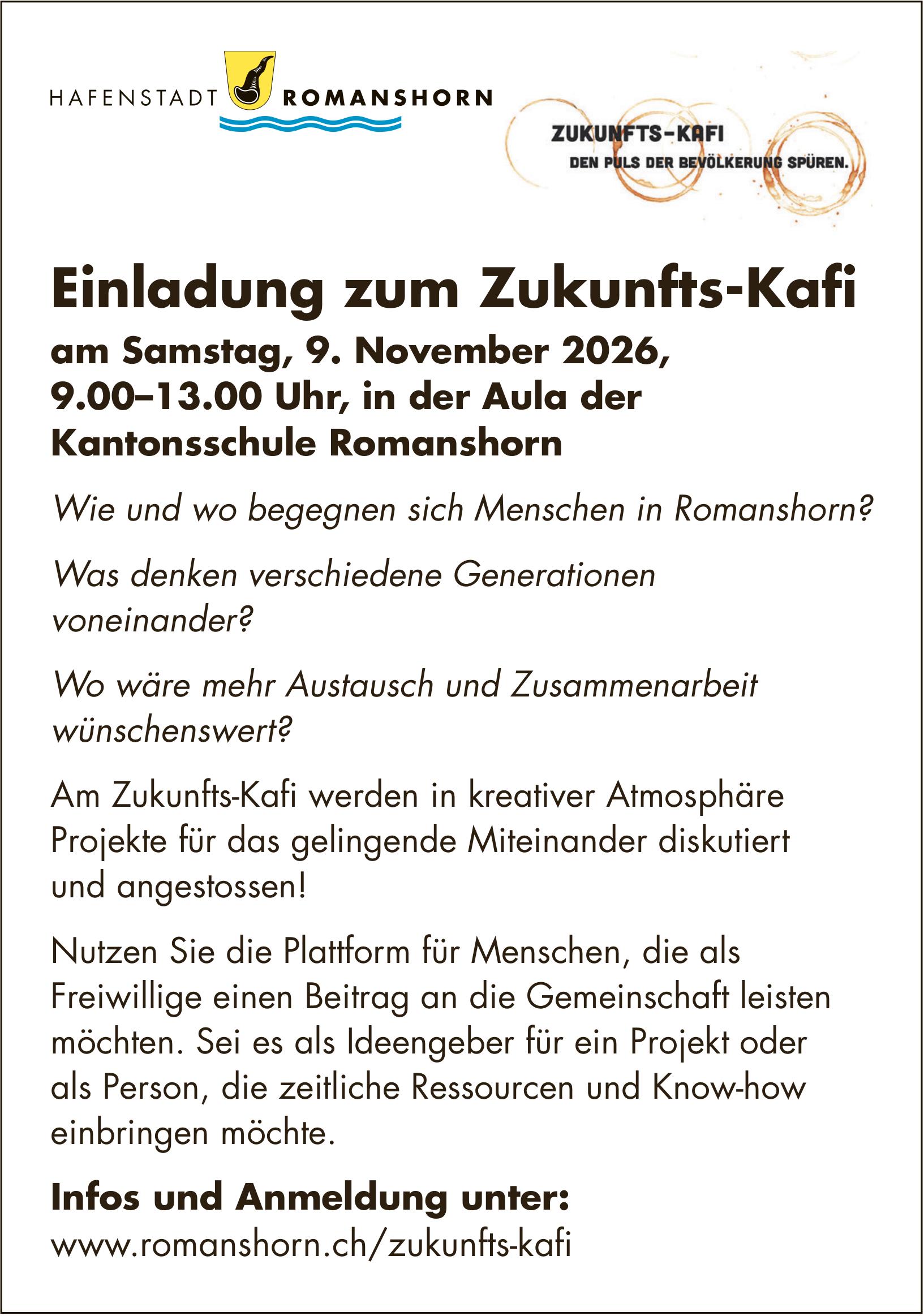 Einladung zum Zukunfts-Kafi, 9. November, Aula der Kantonsschule Romanshorn