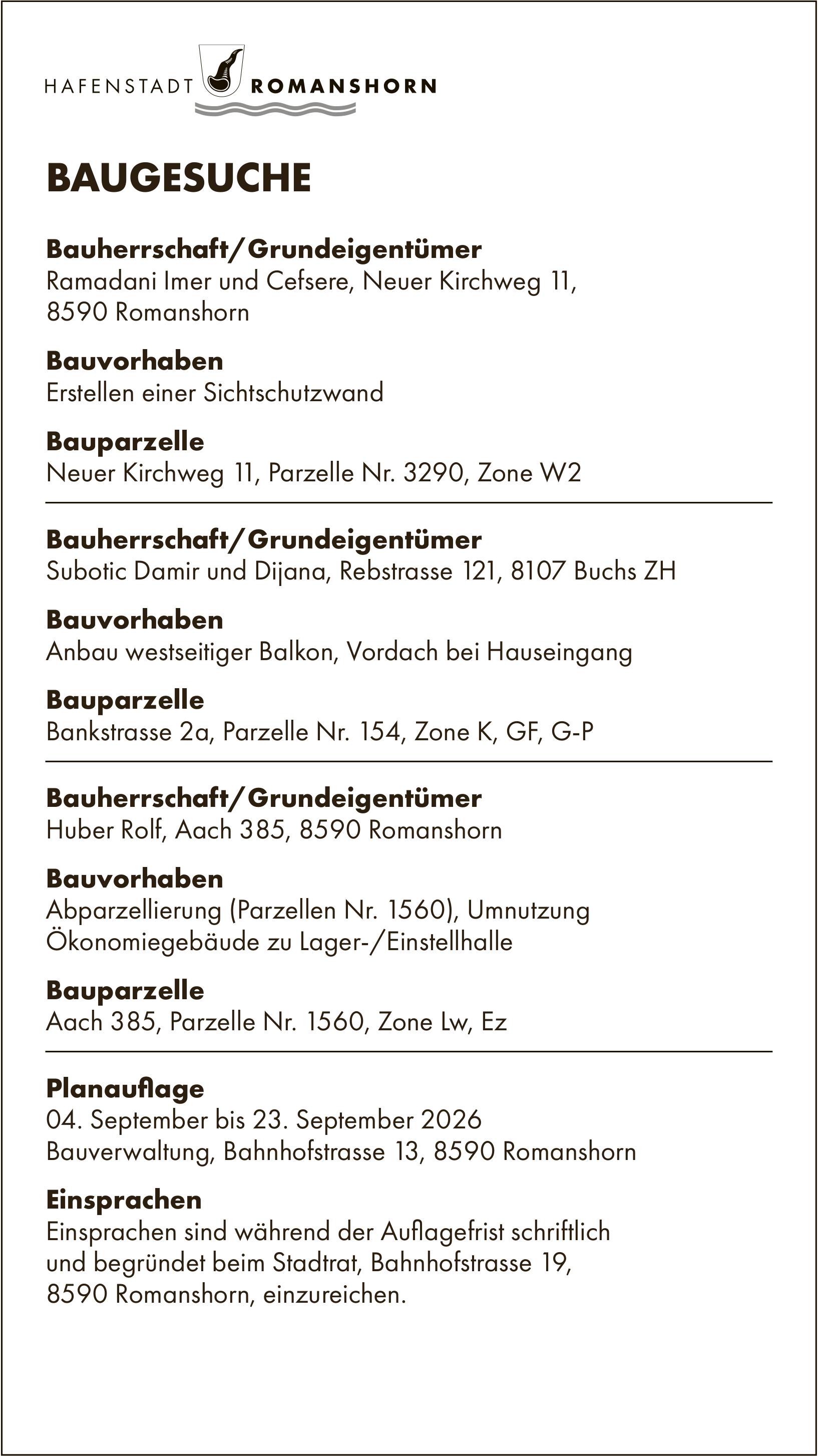Hafenstadt Romanshorn, 4. September bis 23. September 2026, Baugesuche