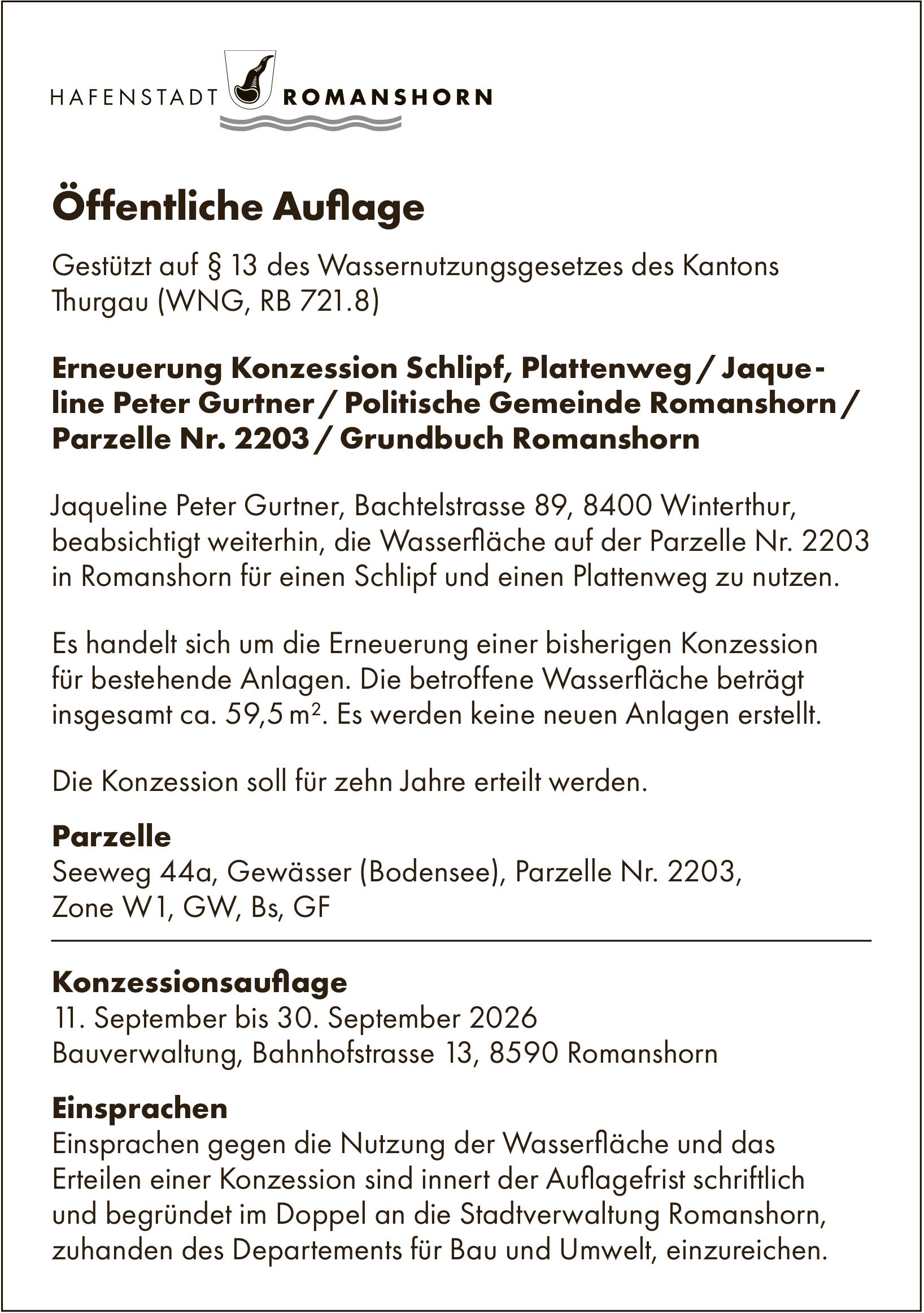 Gemeinde, 11. September bis 30. September, HAFENSTADT ROMANSHORN, Öffentliche Auflage