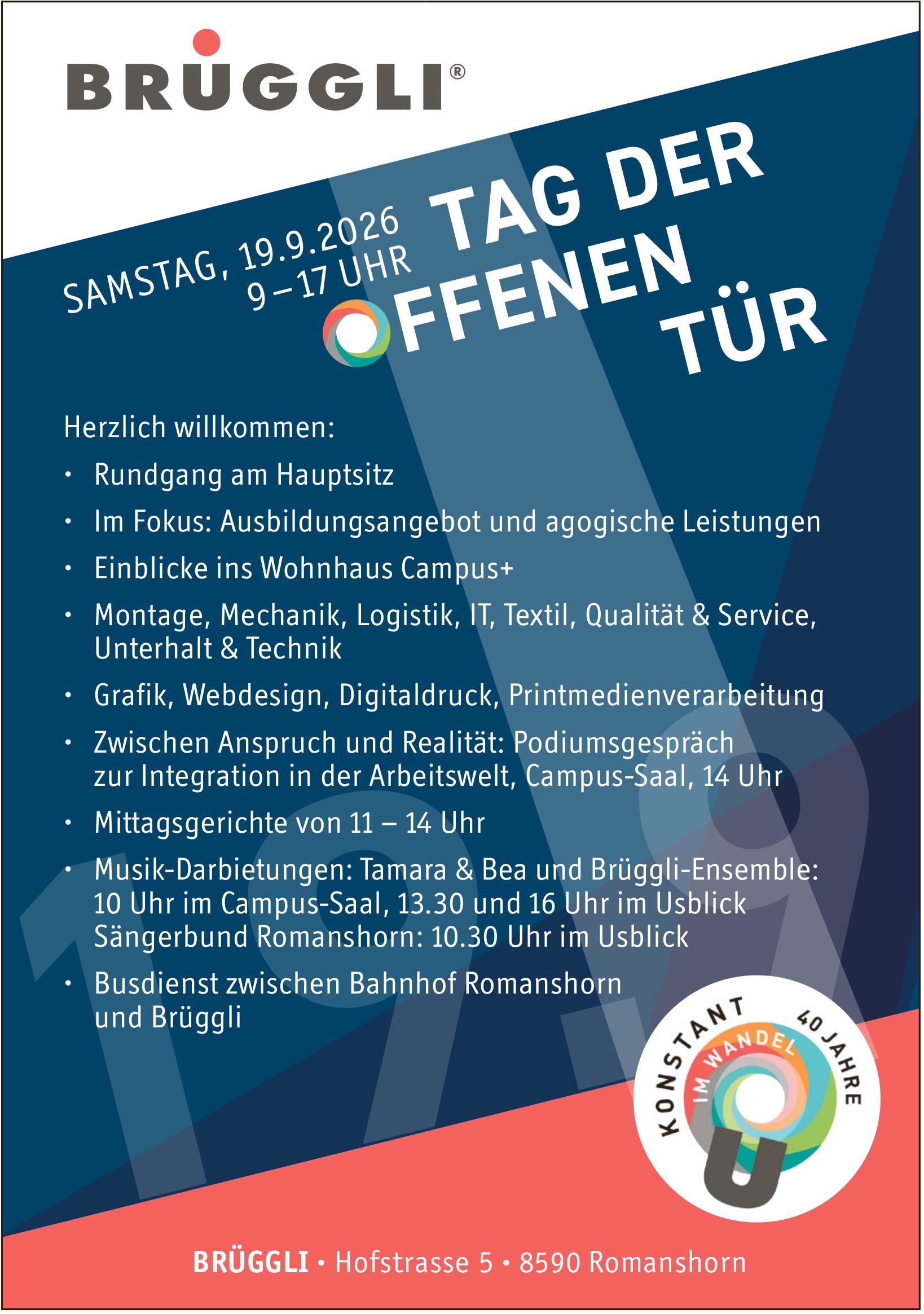 TAG DER OFFENEN TÜR, 19. September, Brüggli, Romanshorn
