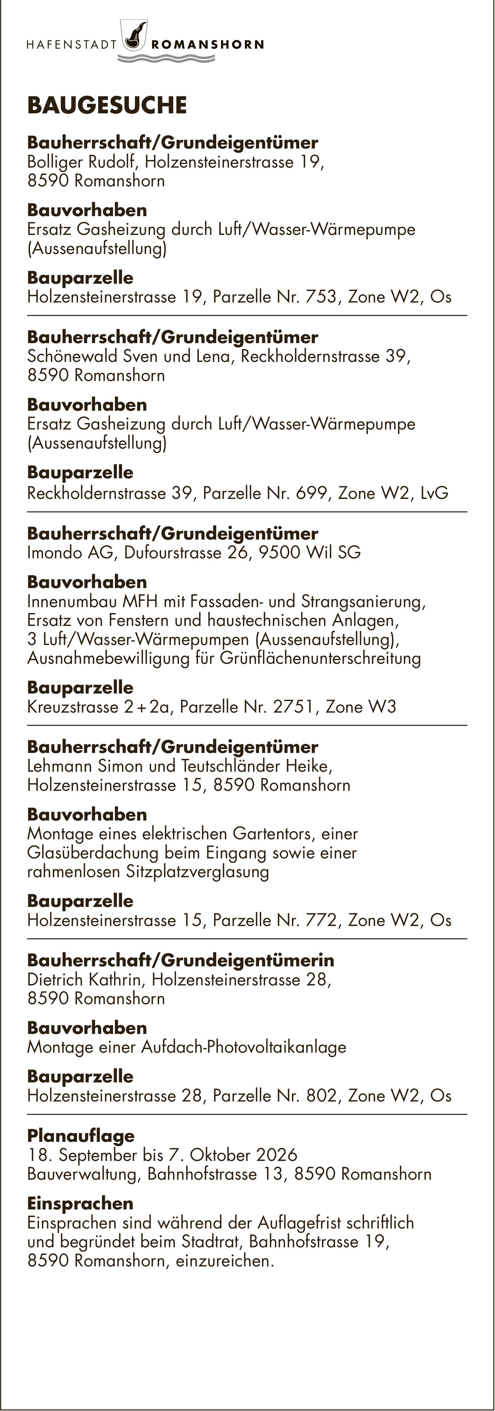 Baugesuche, 18. September bis 7. Oktober 2026, Hafenstadt Romanshorn, Bauherrschaft/Grundeigentümer